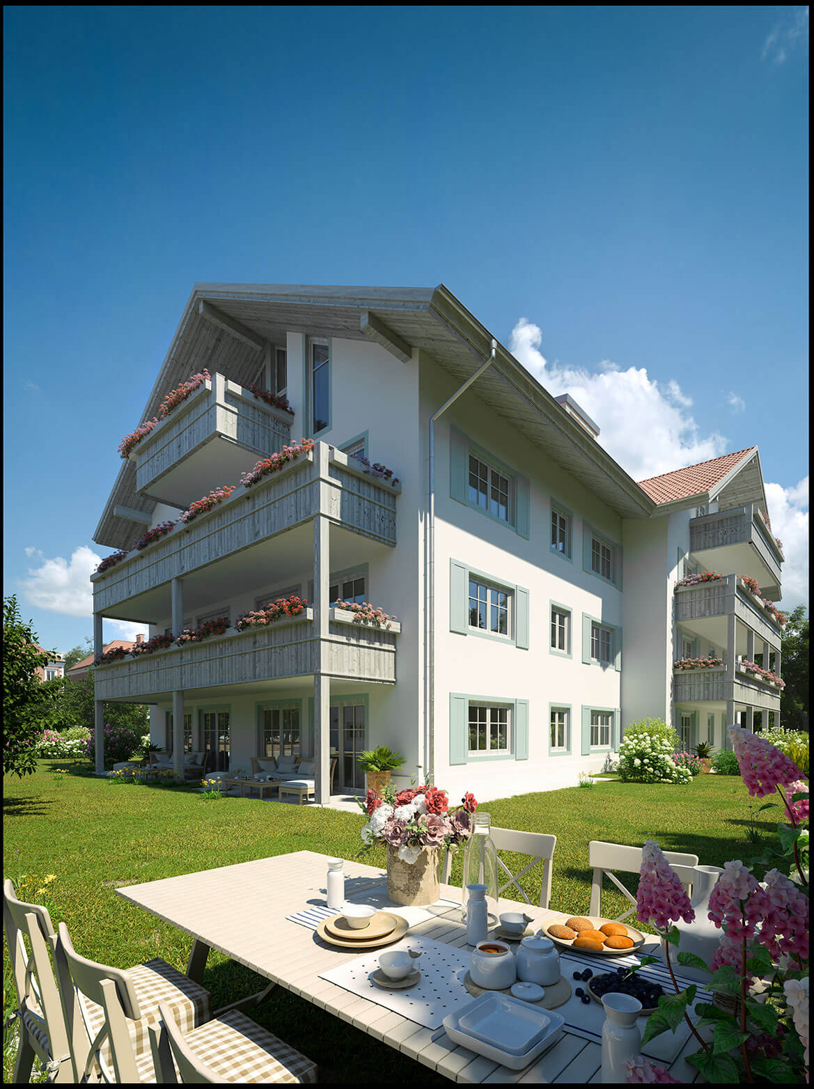 Apartment Building Bad Tlz Alpine-Style Exterior Rendering & Gardens 3D Render, Digital Artwork by gmsvision