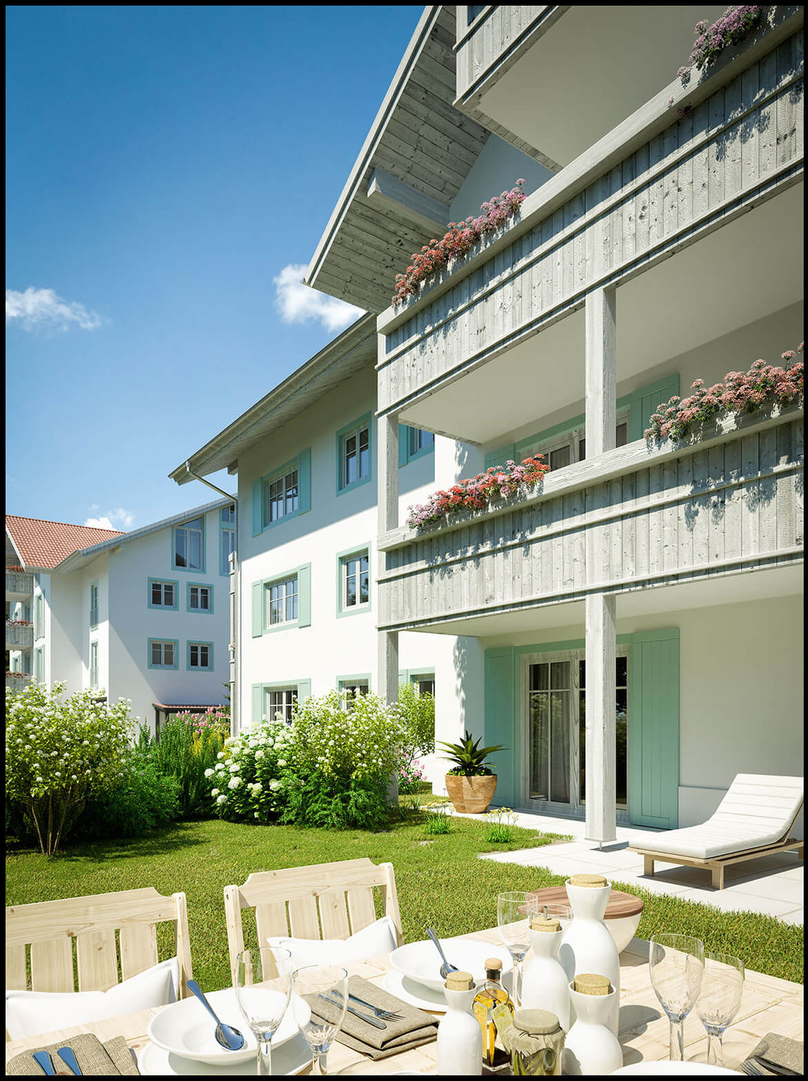 Apartment Building Bad Tlz Alpine-Style Exterior Rendering & Gardens 3D Render, Digital Artwork by gmsvision
