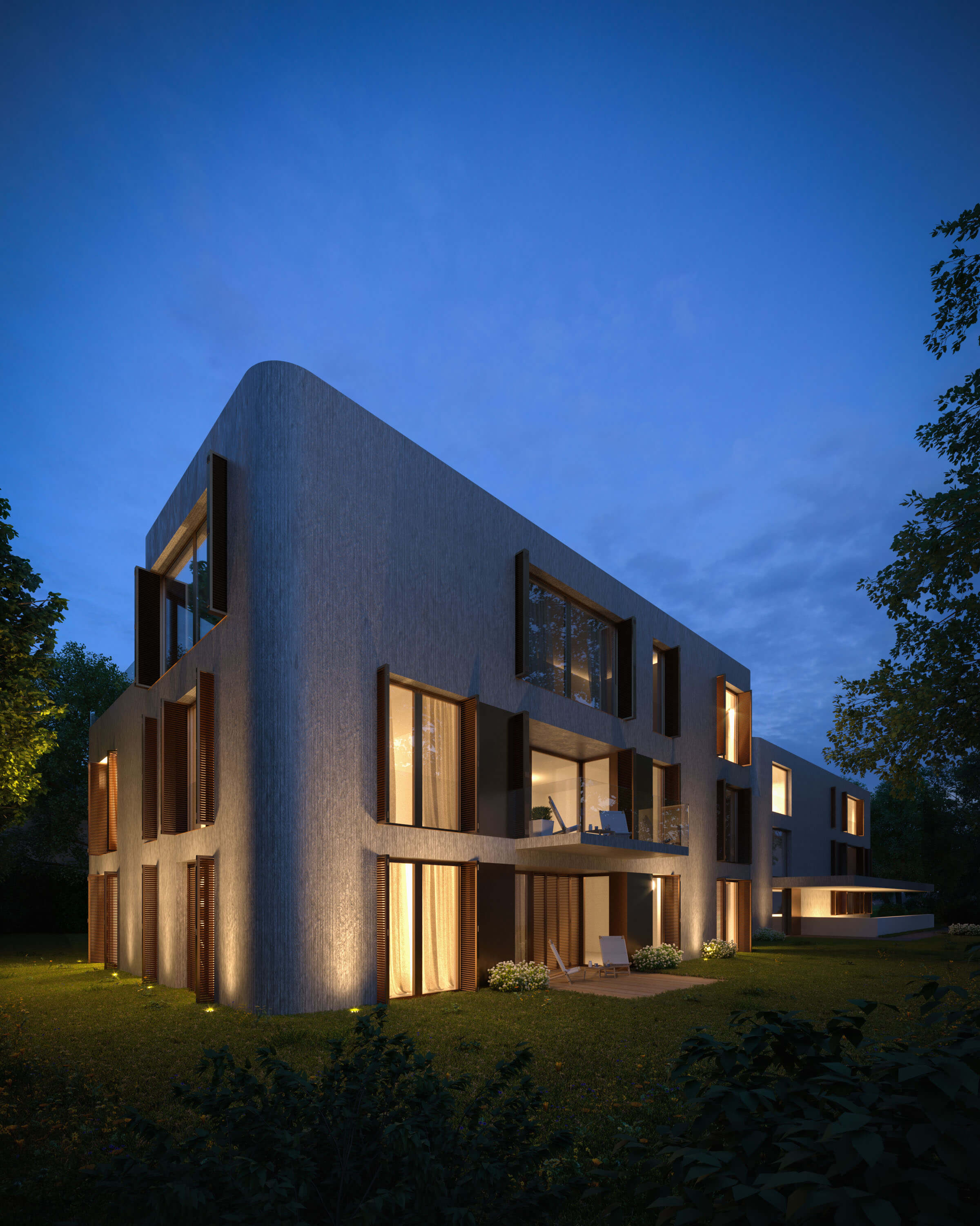 Benediktenwandstrae Berlin Residential Complex at Night 3D Rendering 3D Render, Digital Artwork by gmsvision