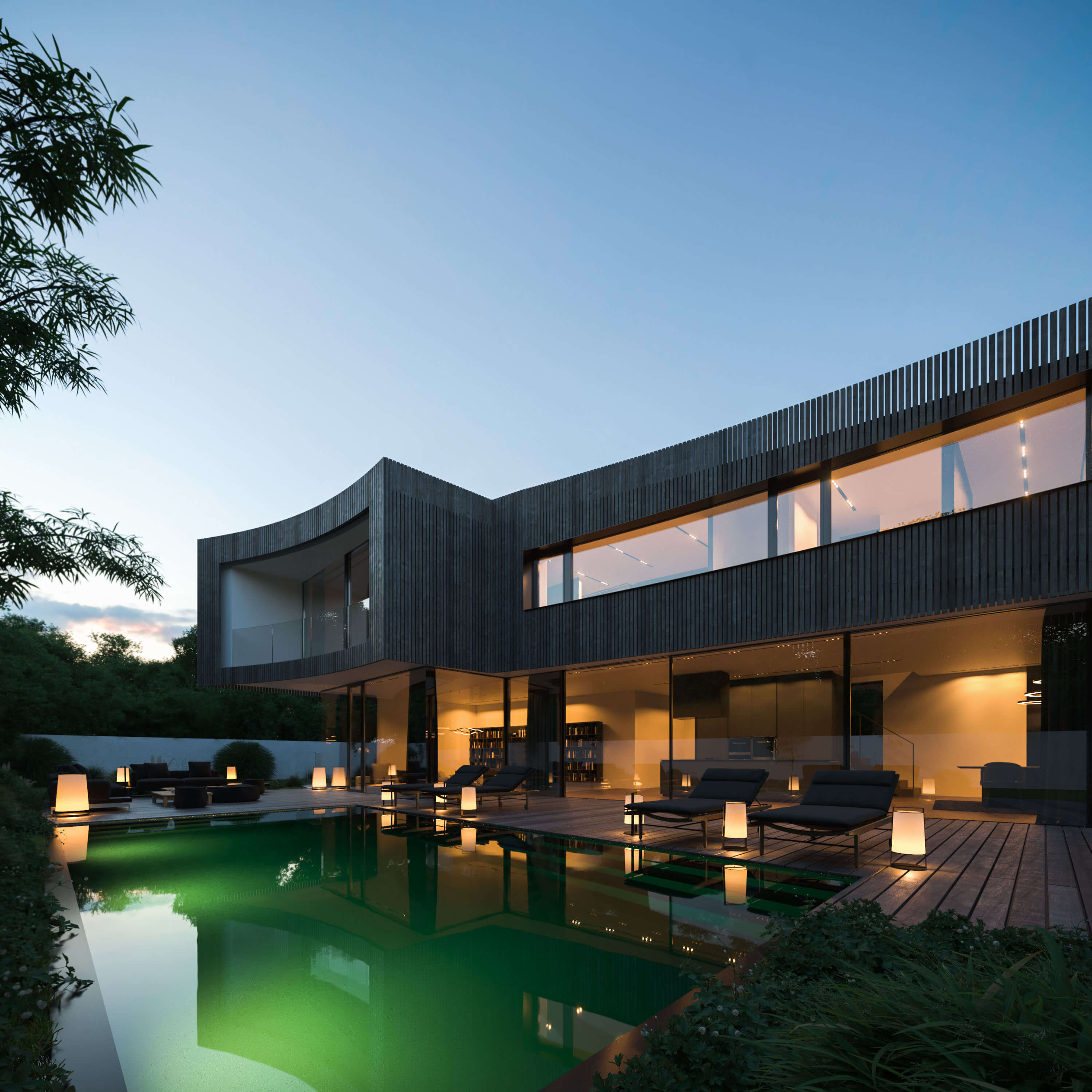 Luxury Pool Villa near Munich Gartenstrae Exterior & Interior Rendering 3D Render, Digital Artwork by gmsvision