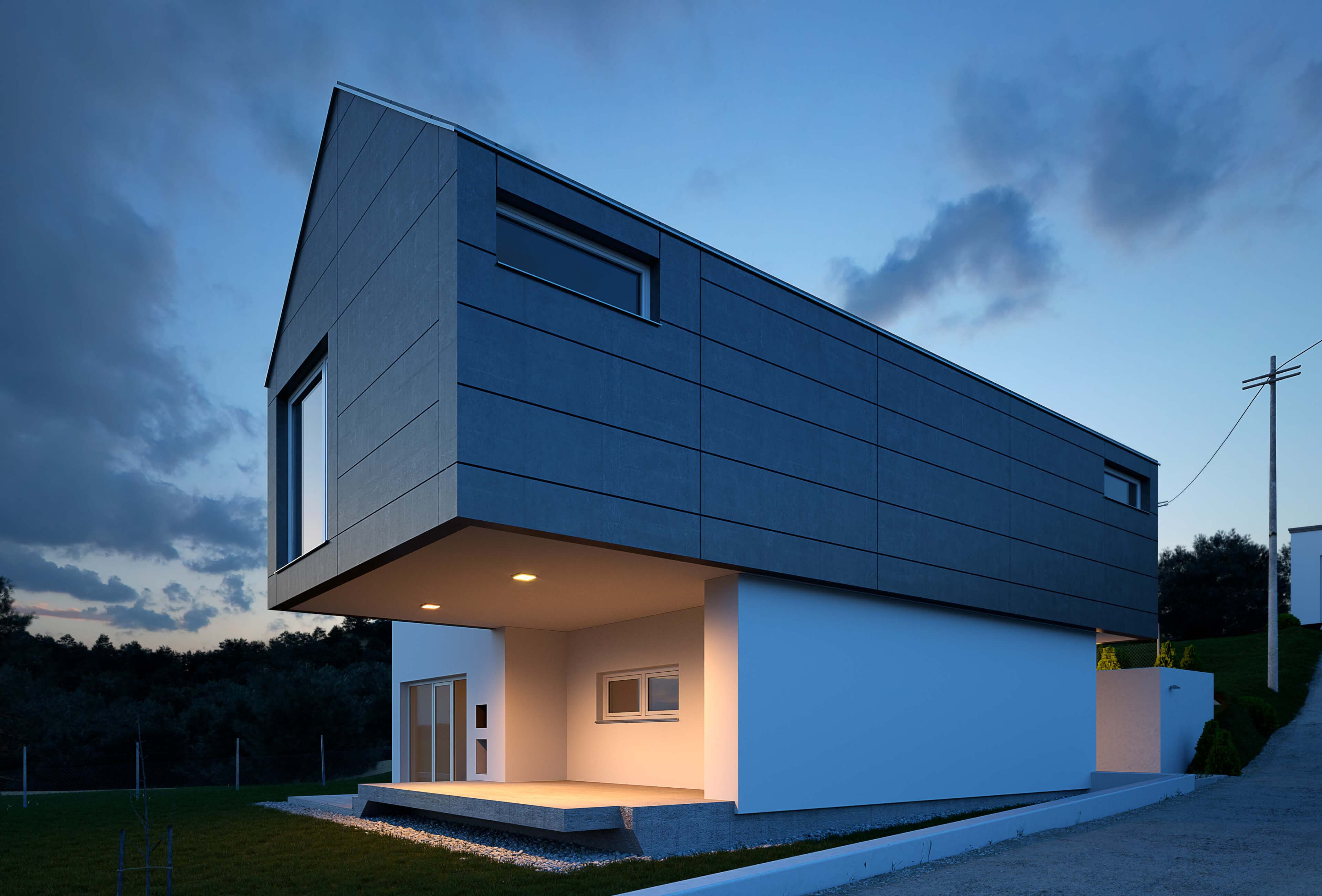 Luxury Property Croatia Minimalist House Exterior Rendering Day & Night 3D Render, Digital Artwork by gmsvision