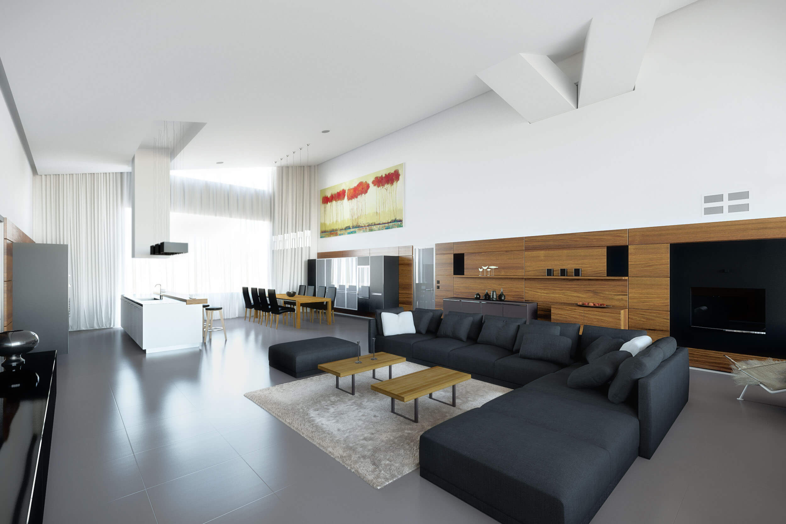 Luxury Villa Munich Interior Rendering Living Room & Kitchen CGI 3D Render, Digital Artwork by gmsvision