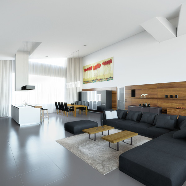 Luxury Villa Munich  Interior Rendering Living Room & Kitchen CGI