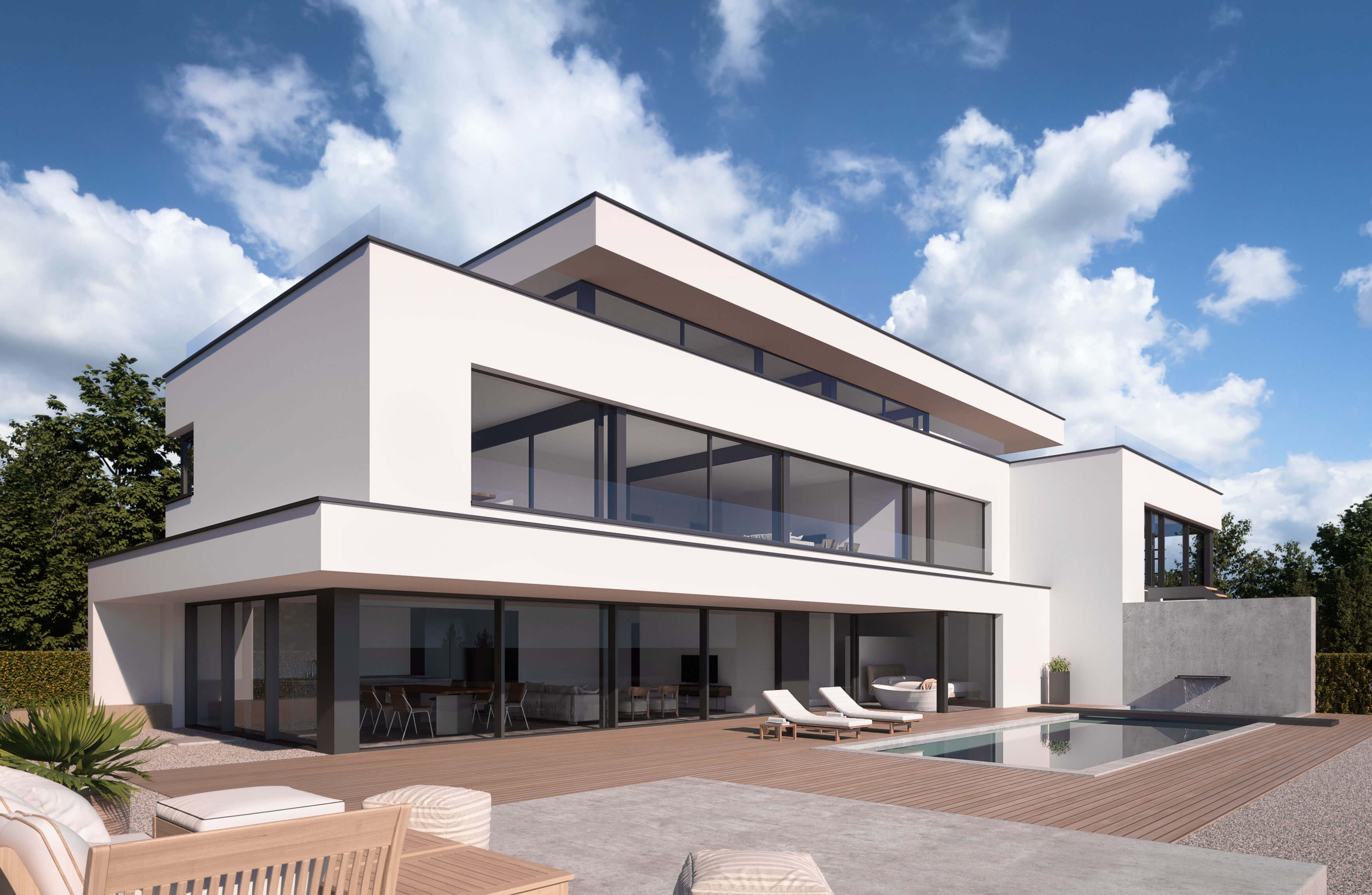 Luxury Villa Vienna Dbling Pool Wooden Deck & Panoramic Living CGI 3D Render, Digital Artwork by gmsvision