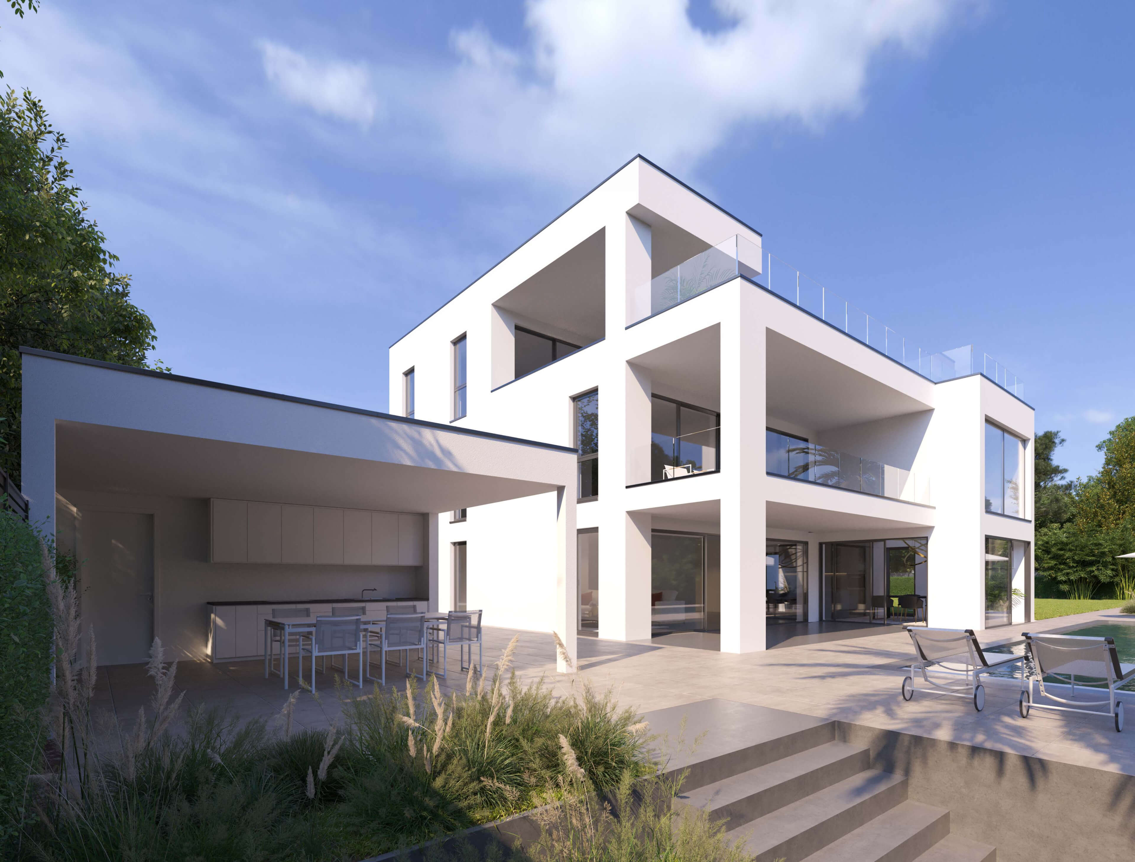 Single-Family House Frankfurt  Modern Villa with Pool 3D Visualization 3D Render, Digital Artwork by gmsvision