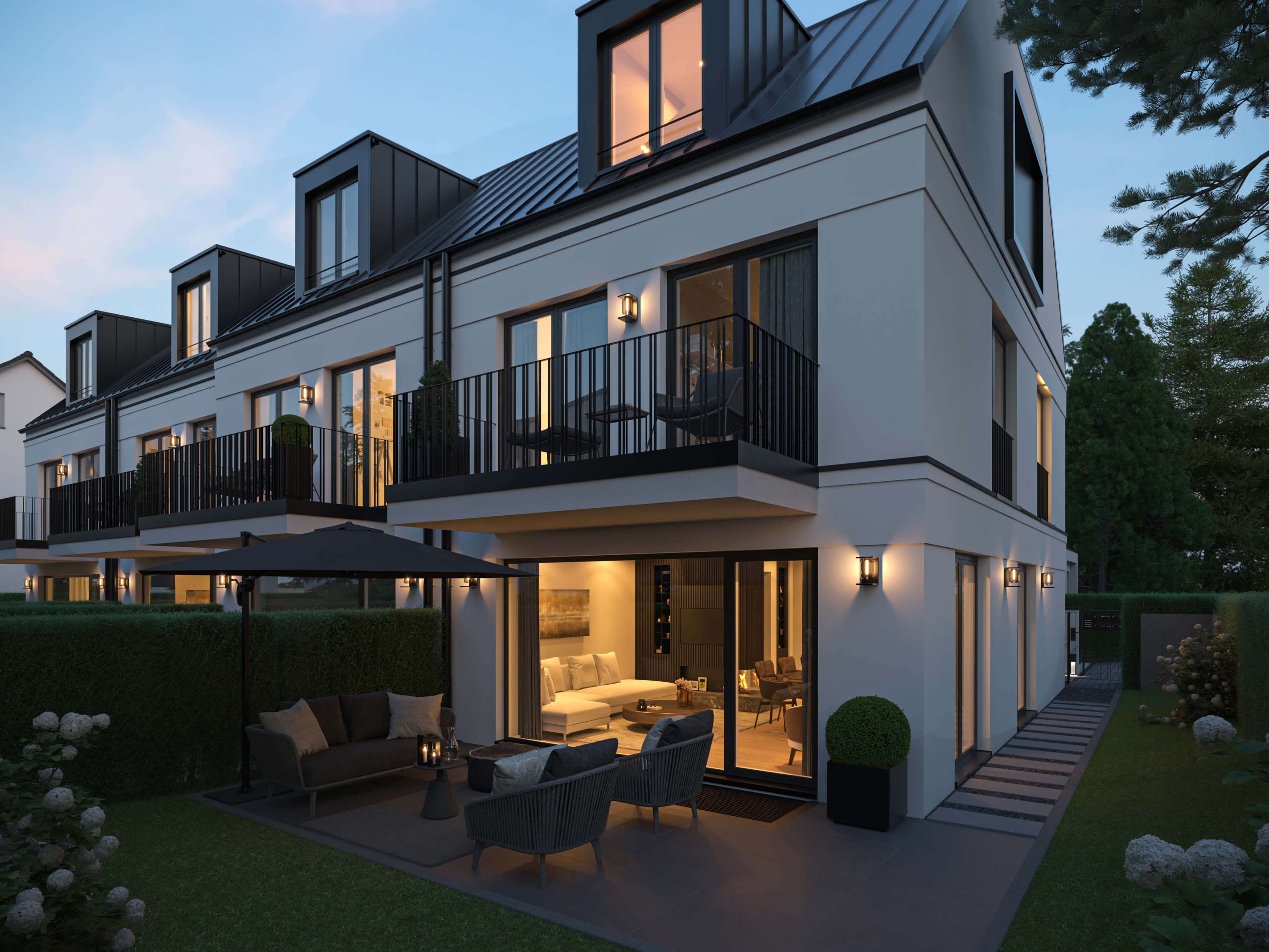 Terraced Houses Munich  Modern Residential Complex 3D Visualization 3D Render, Digital Artwork by gmsvision