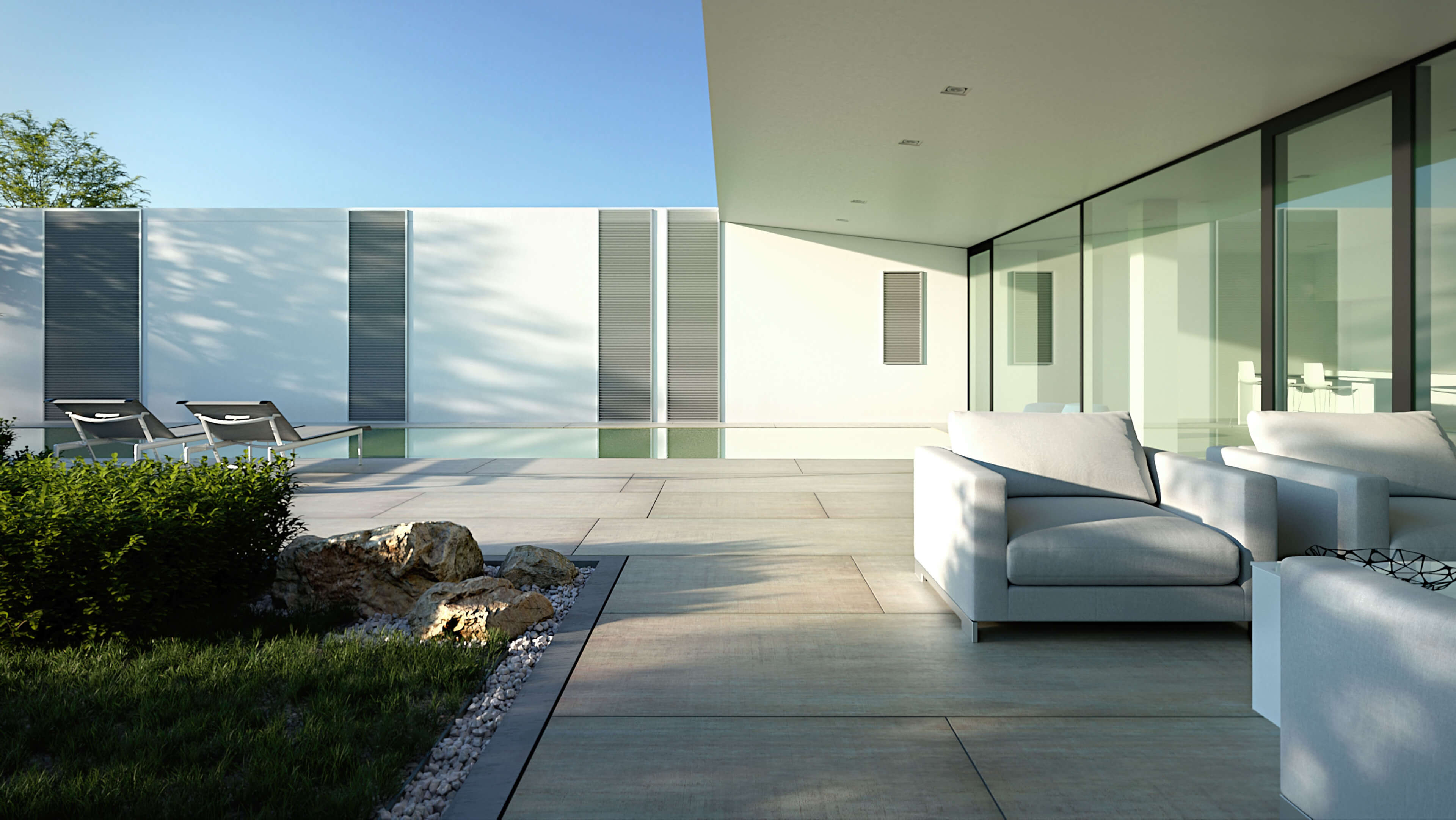 Villa Jesolo Lido Minimalist Pool Villa Day & Night Architectural Rendering 3D Render, Digital Artwork by gmsvision