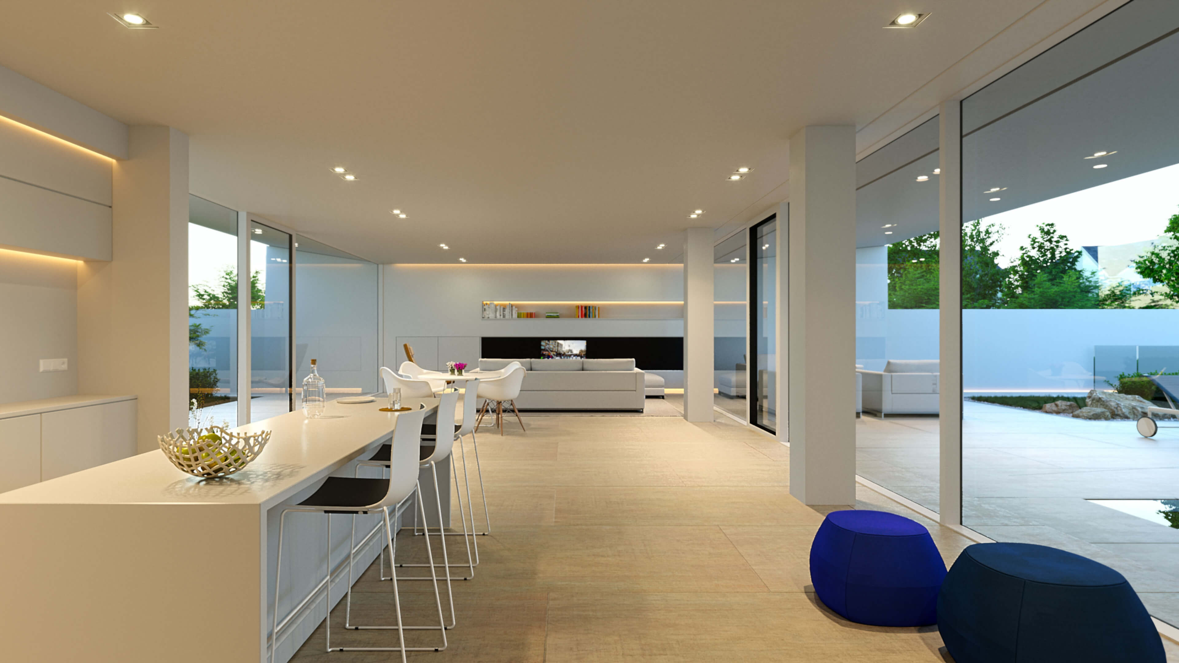 Villa Jesolo Lido Minimalist Pool Villa Day & Night Architectural Rendering 3D Render, Digital Artwork by gmsvision