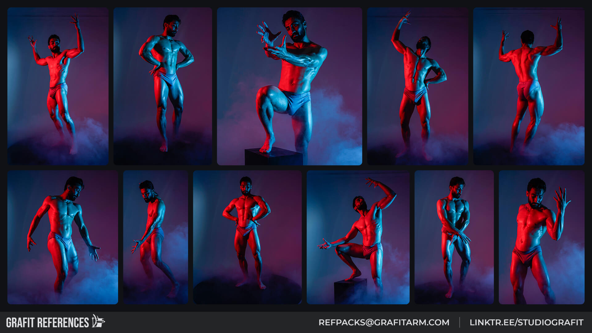 2600 Classical Male Poses - Neon Colors and Dramatic Shadow Reference Photo Set