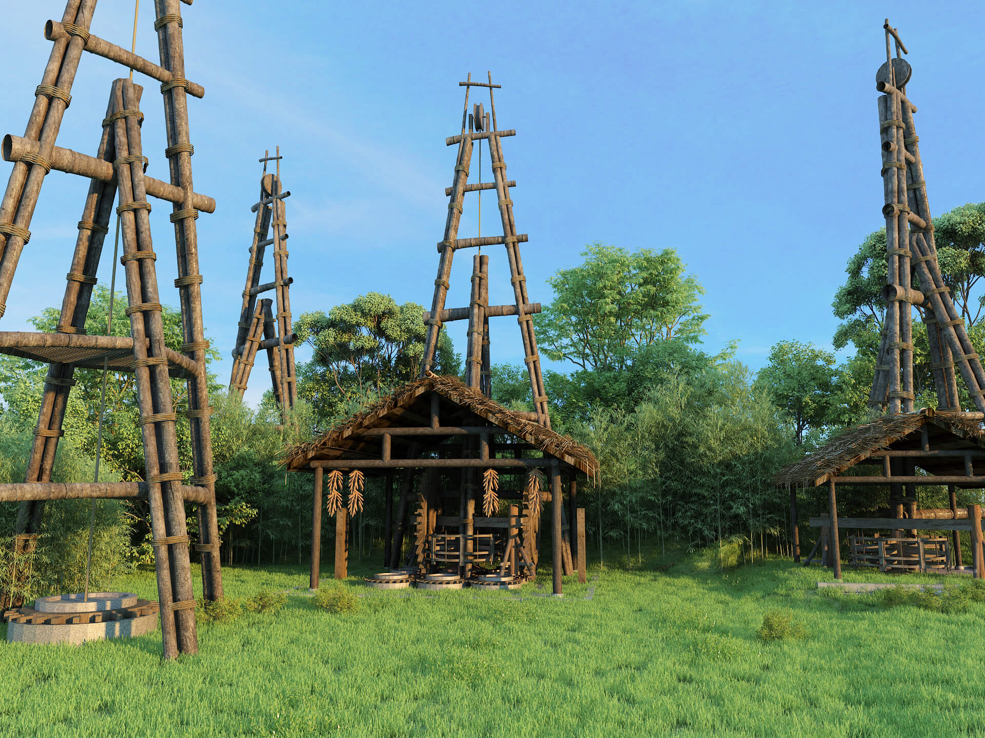 Ancient Chinese Salt Well Traditional Bamboo Drilling Rig 3D Model