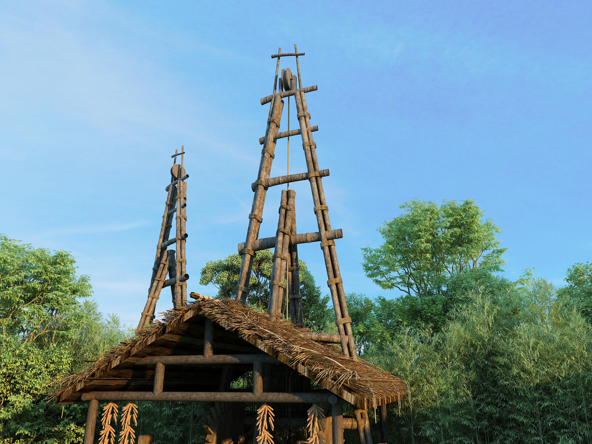 Ancient Chinese Salt Well Traditional Bamboo Drilling Rig 3D Model