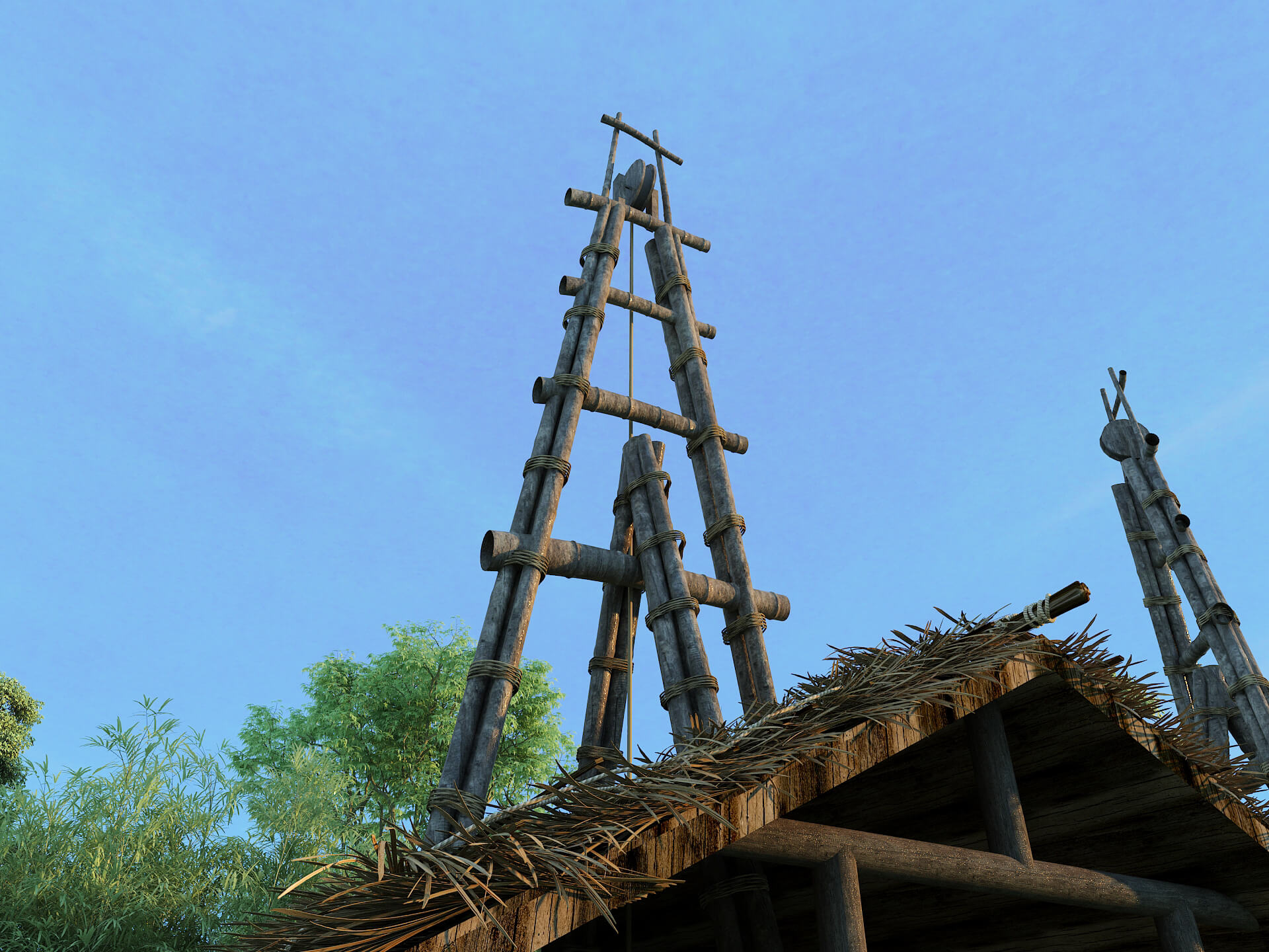 Ancient Chinese Salt Well Traditional Bamboo Drilling Rig 3D Model