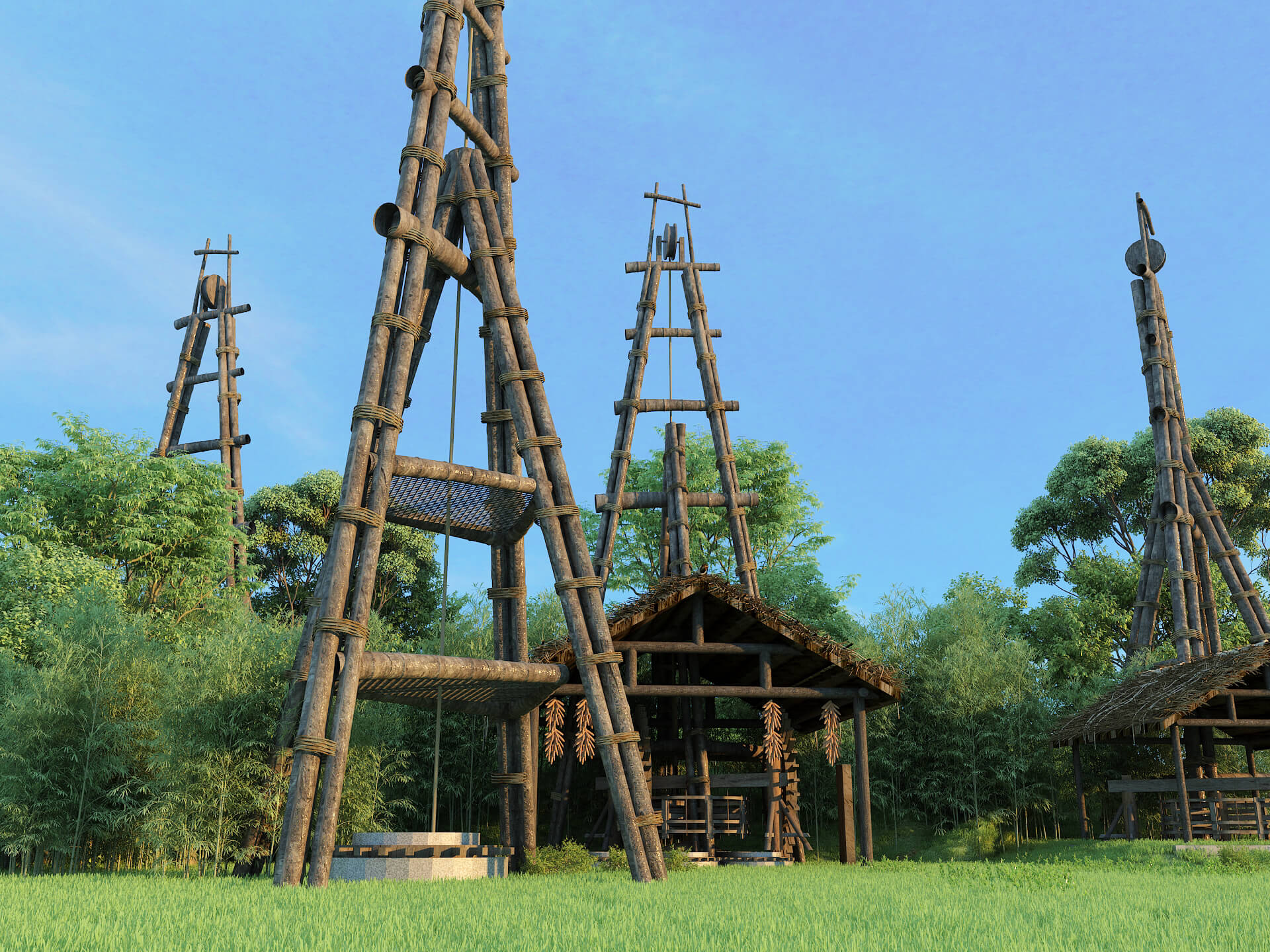 Ancient Chinese Salt Well Traditional Bamboo Drilling Rig 3D Model