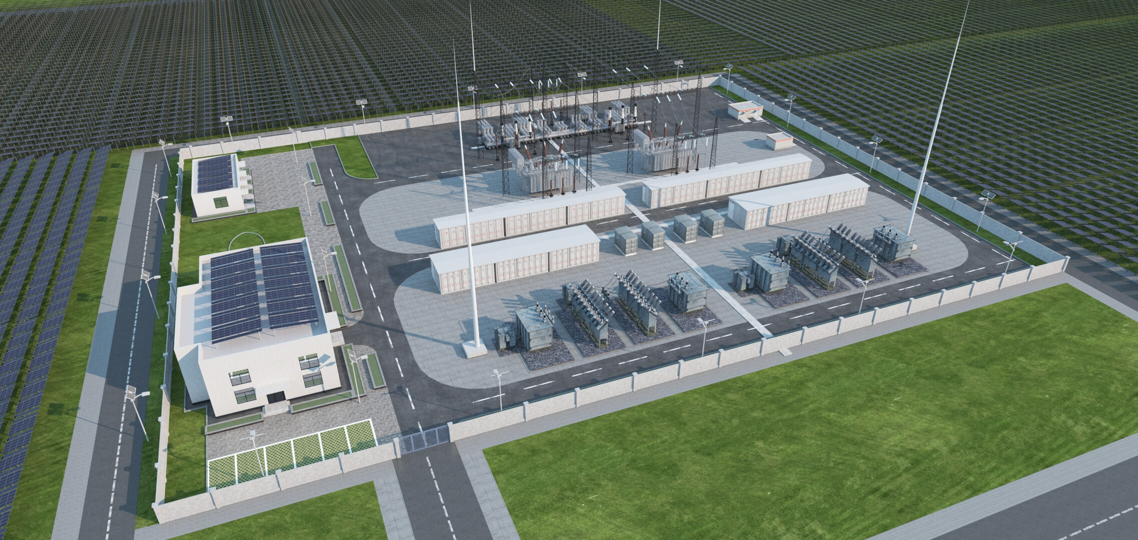 Solar Power Station With Substation and Energy Storage 3D Model