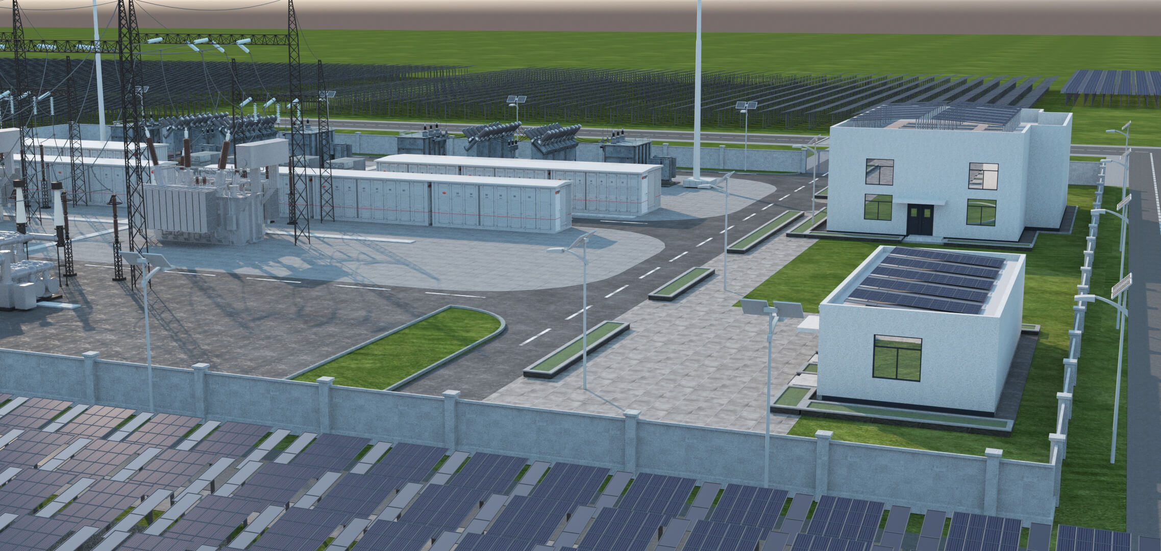 Solar Power Station With Substation and Energy Storage 3D Model
