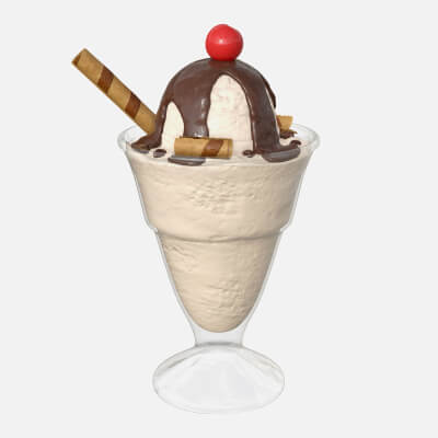 Ice Cream with Chocolate and Cherry in Glass Dish
