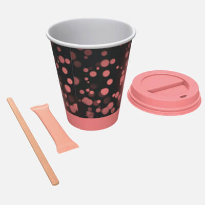 Paper Coffee Cup Plastic Lid Sugar Package Wooden Stick