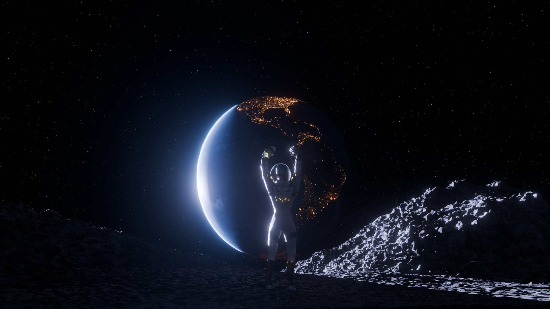 Astronaut on Lunar Surface and Earth View Scene 3D Model