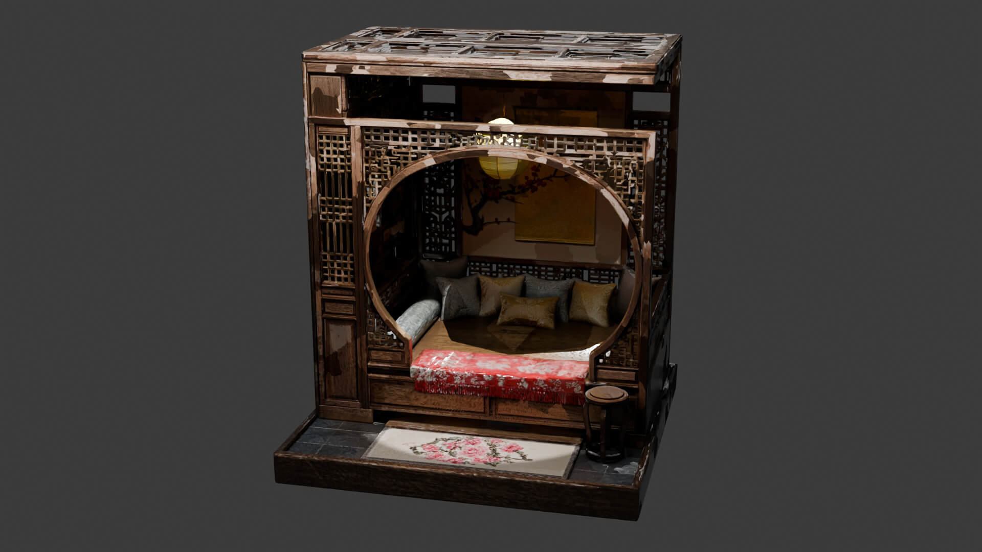Ancient Chinese Alcove Bed Set 3D Model
