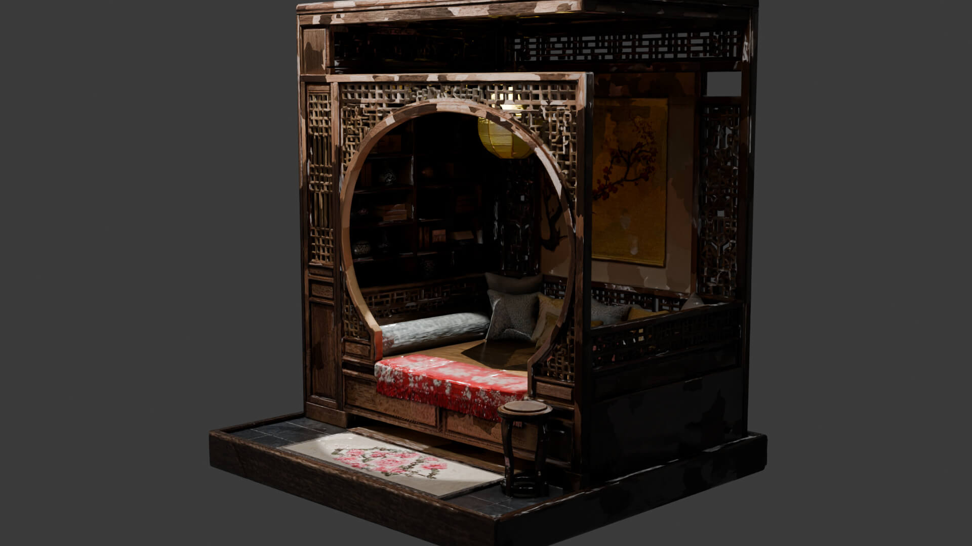 Ancient Chinese Alcove Bed Set 3D Model