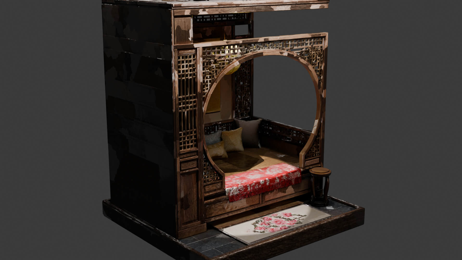 Ancient Chinese Alcove Bed Set 3D Model
