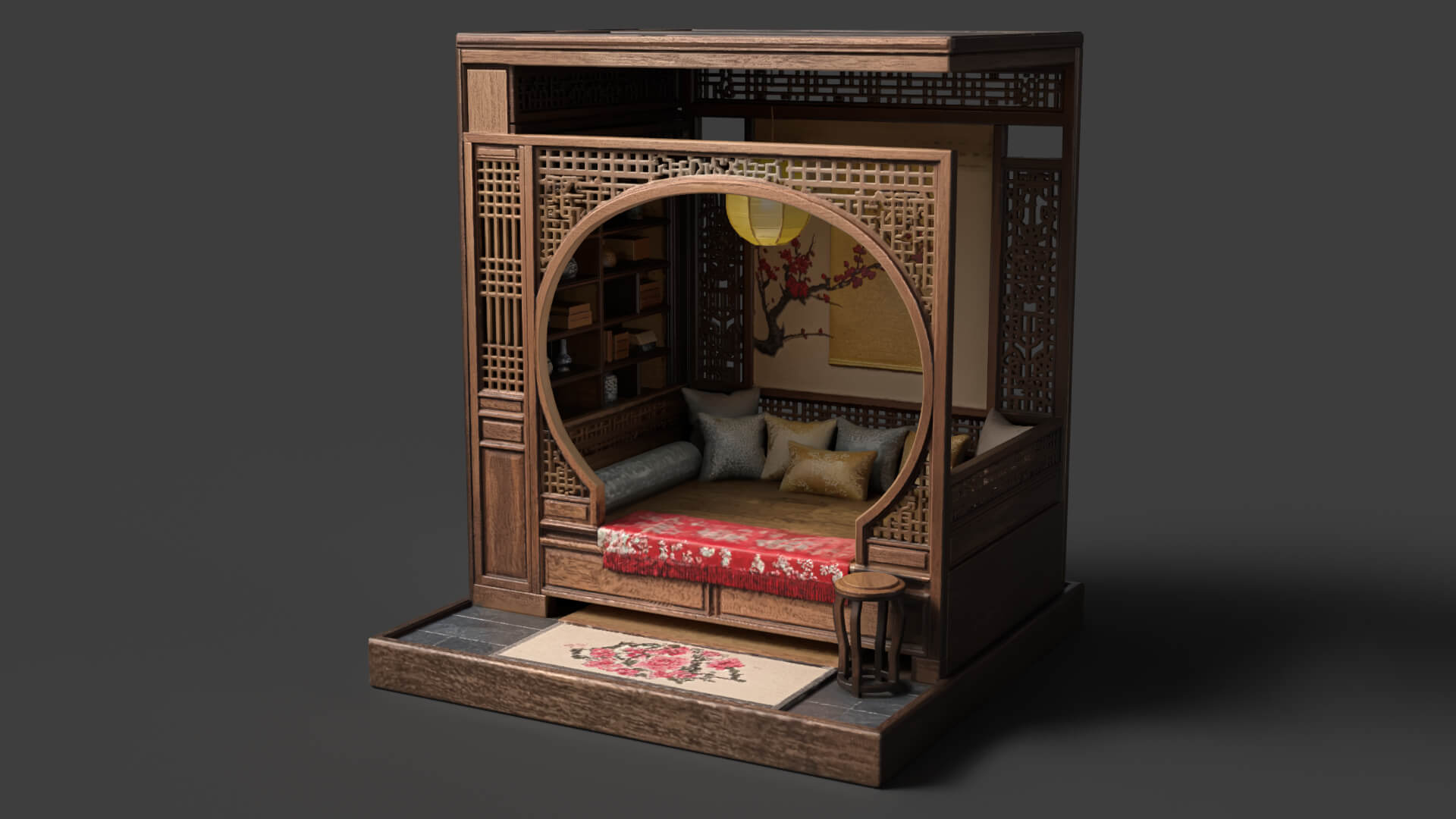 Ancient Chinese Alcove Bed Set 3D Model