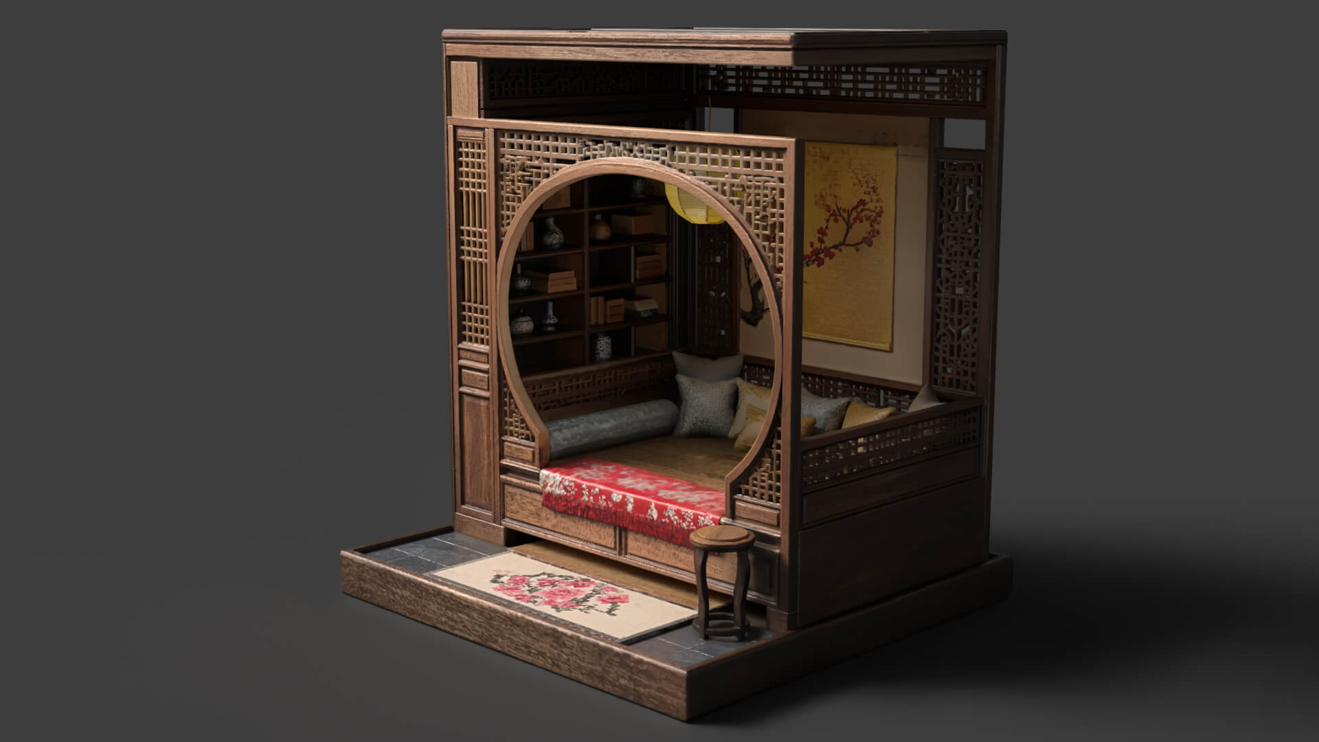 Ancient Chinese Alcove Bed Set 3D Model