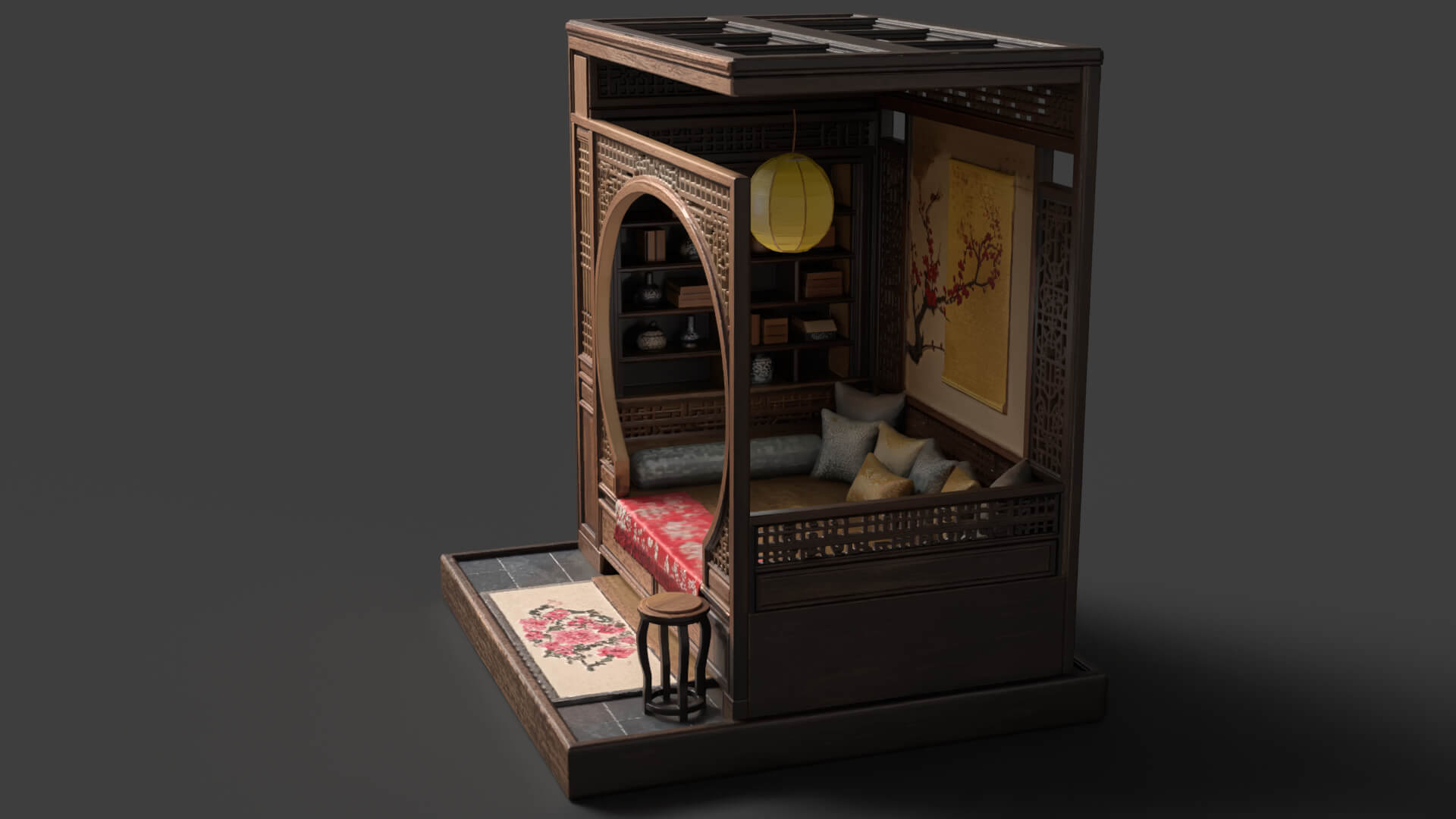 Ancient Chinese Alcove Bed Set 3D Model