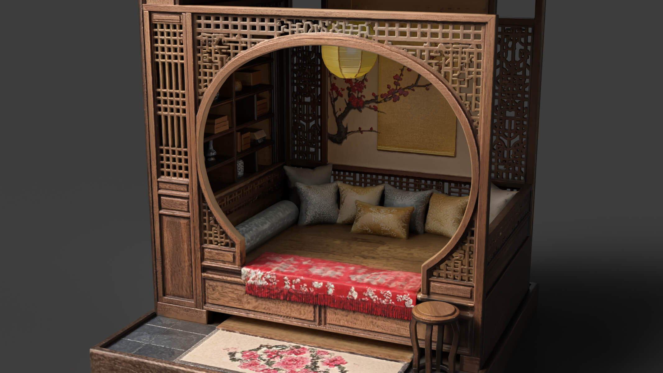Ancient Chinese Alcove Bed Set 3D Model