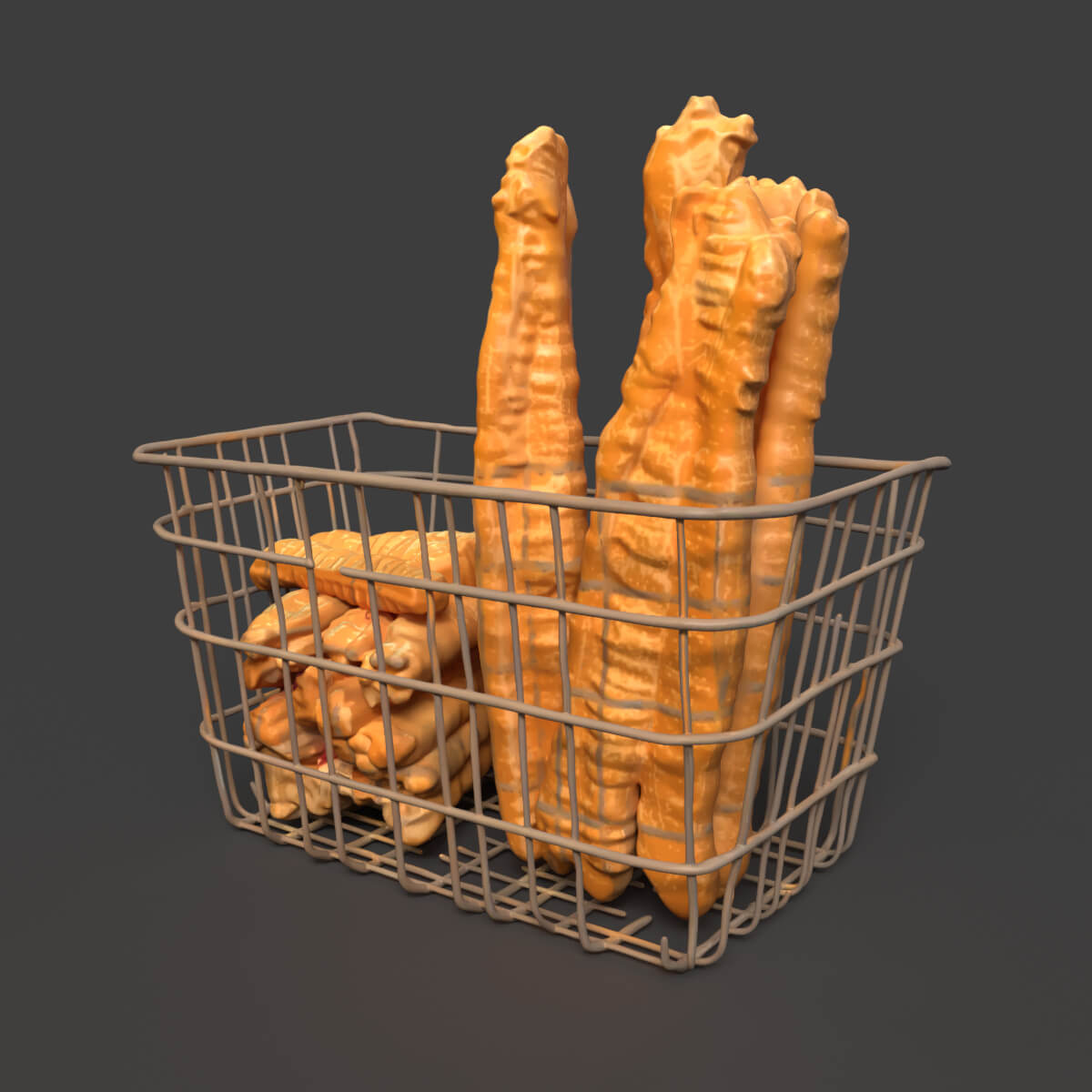 Youtiao Chinese Fried Dough Sticks in Wire Basket 3D Model