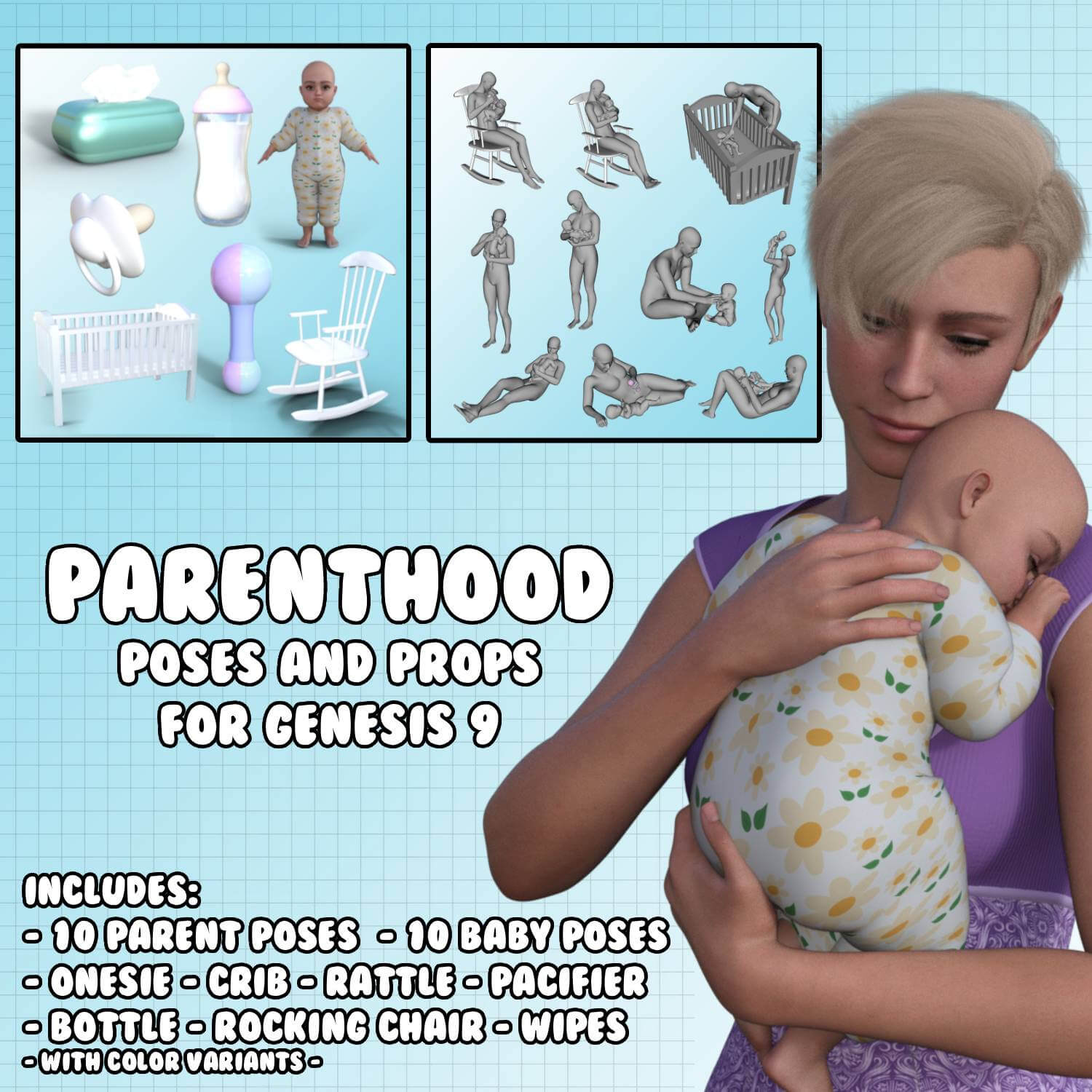 Parenthood Props and Poses for Genesis 9 Daz Content