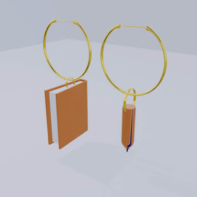 Gold Earrings in the Shape of a Pencil and a Book