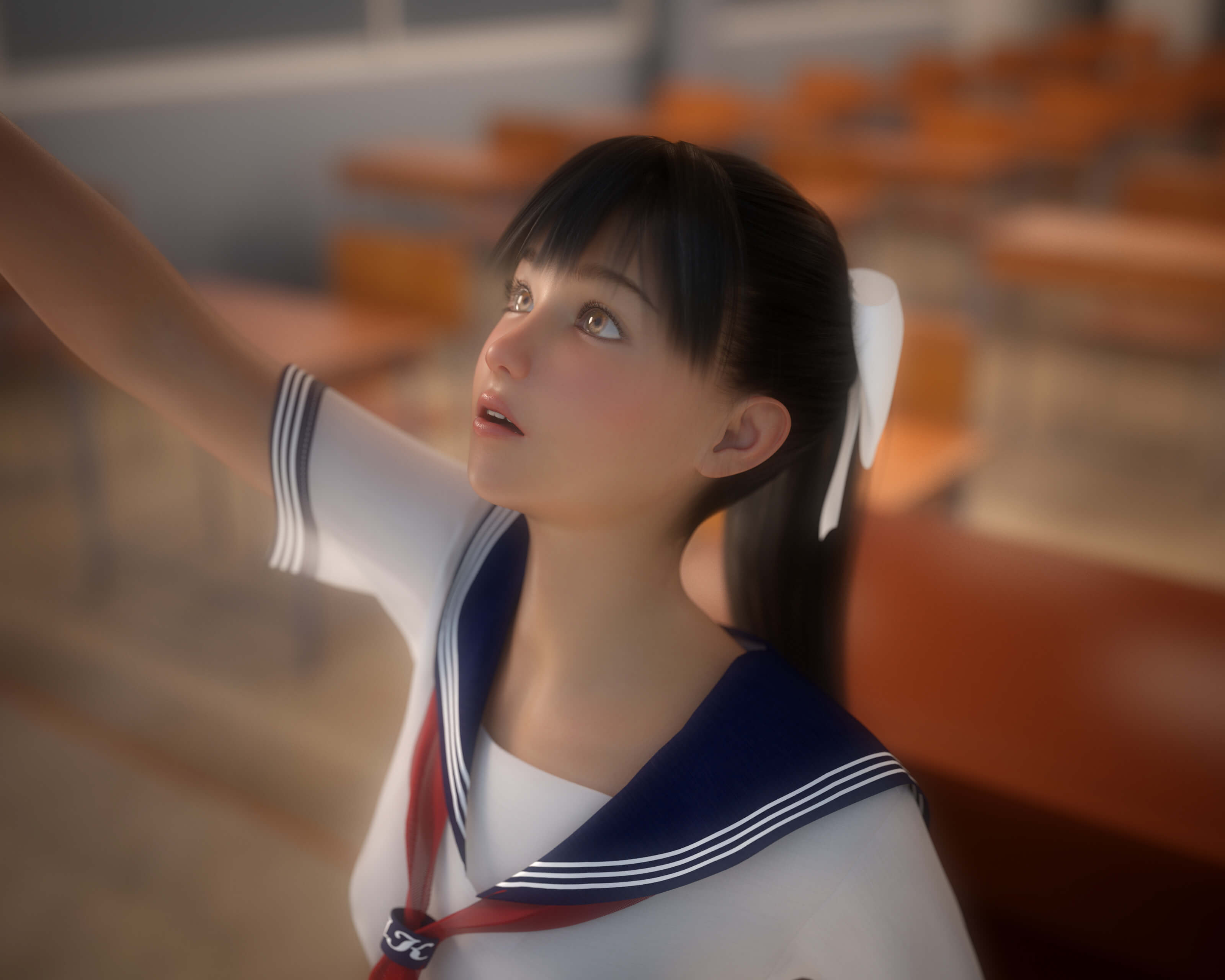 Girl Erasing the Blackboard Front and L-Side View 3D Render, Digital Artwork by Jugular