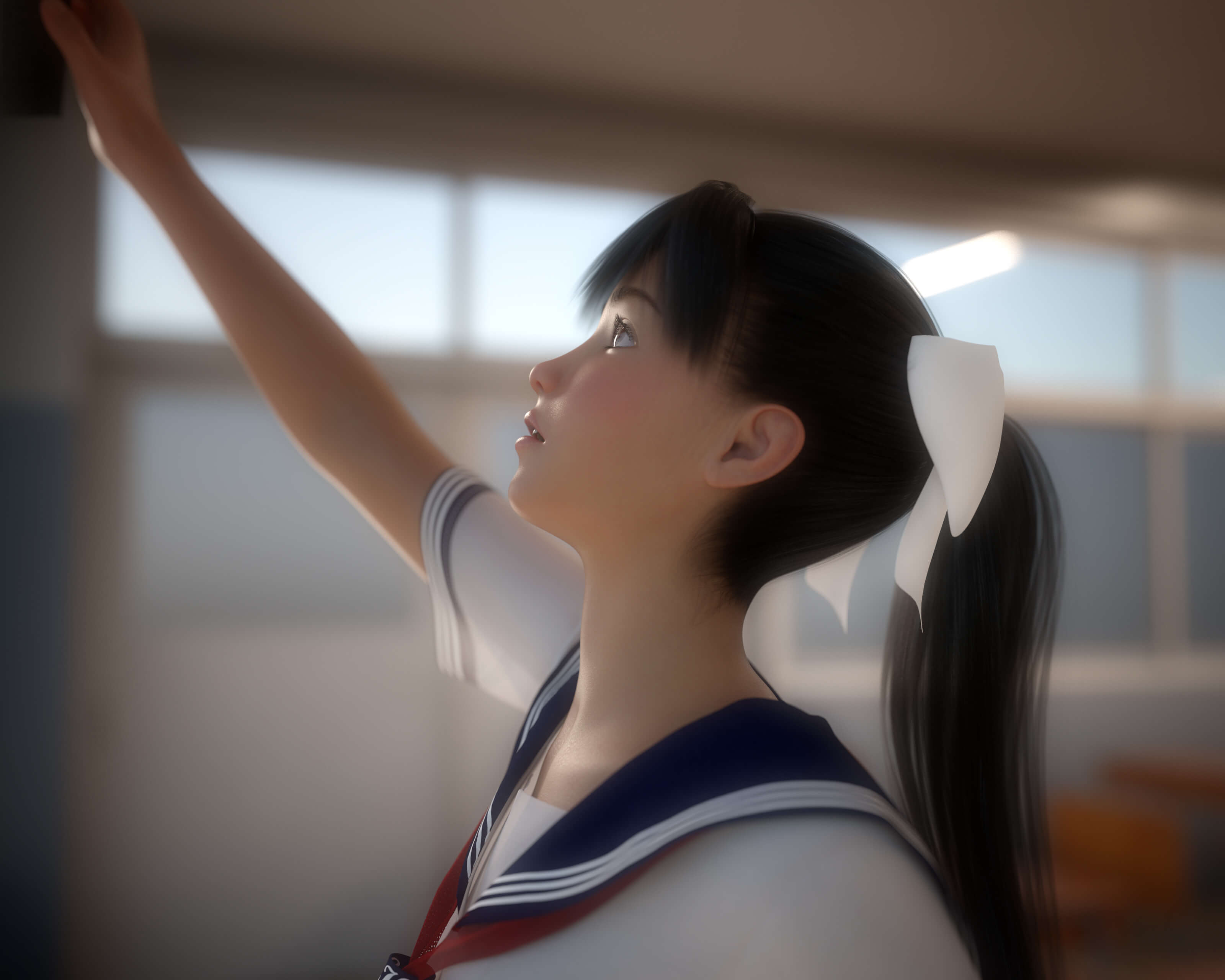 Girl Erasing the Blackboard Front and L-Side View 3D Render, Digital Artwork by Jugular