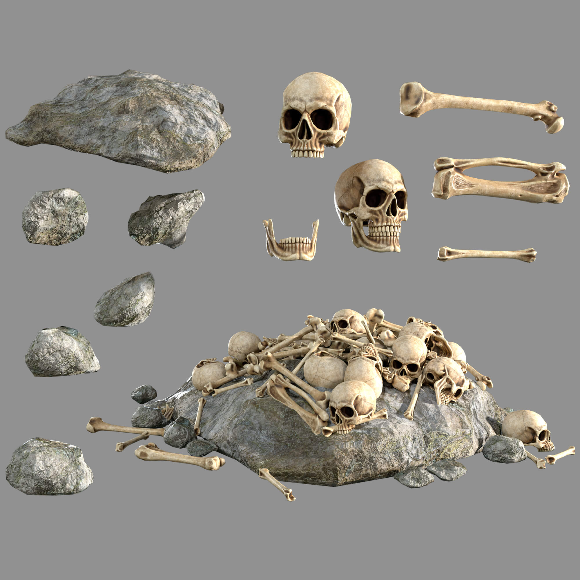 Bones Skulls and Stone Pile 3D Model