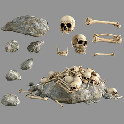 Bones Skulls and Stone Pile 3D Model
