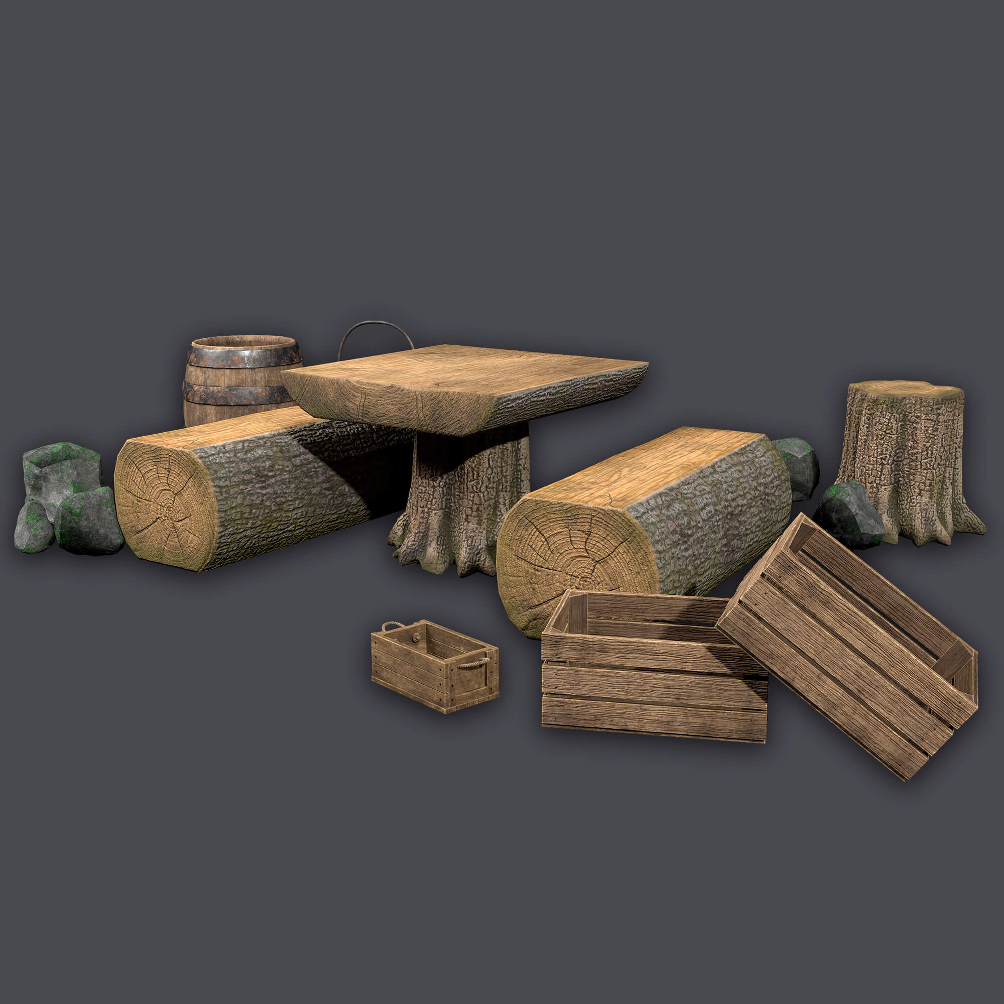 Stylized Props Set Wooden Environment Asset 3D Render, Digital Artwork by KaterynaBondarenko