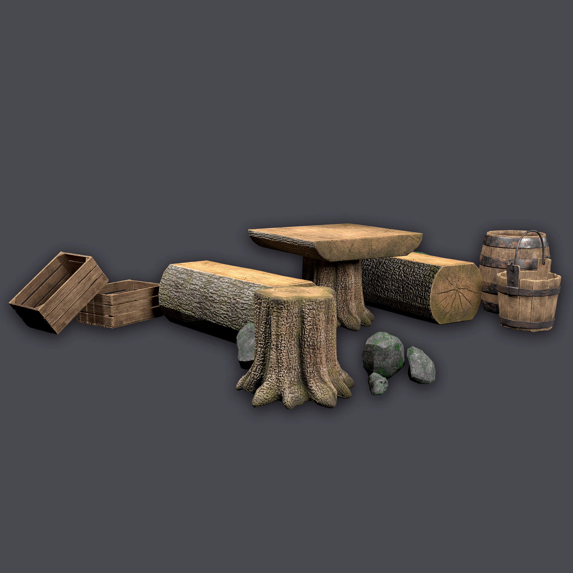 Stylized Props Set Wooden Environment Asset 3D Render, Digital Artwork by KaterynaBondarenko