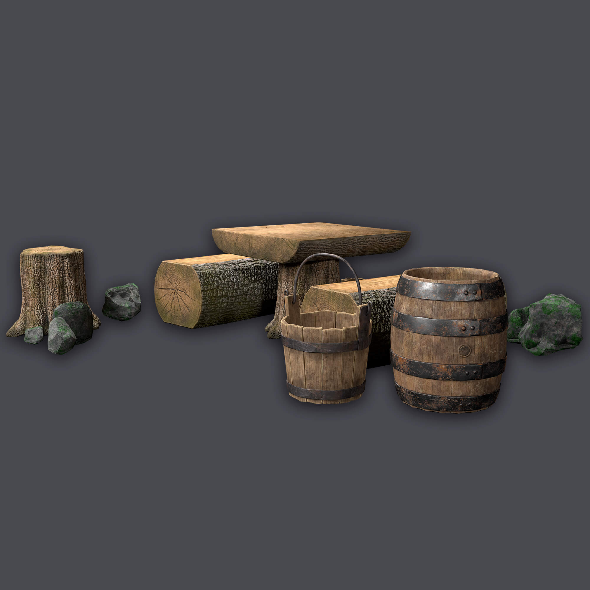 Stylized Props Set Wooden Environment Asset 3D Render, Digital Artwork by KaterynaBondarenko