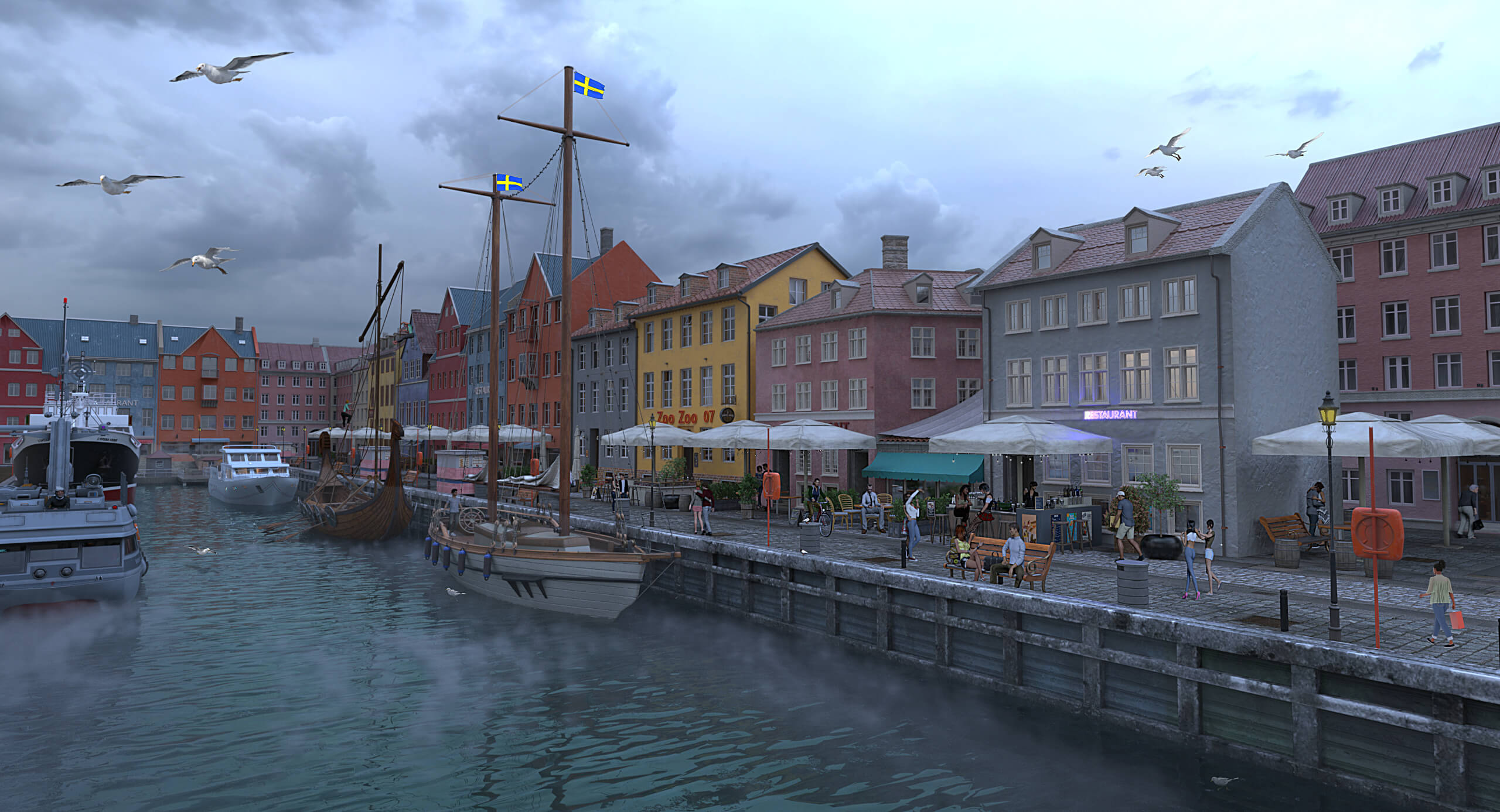 A Quaint Swedish Harbor 3D Render, Digital Artwork by keener