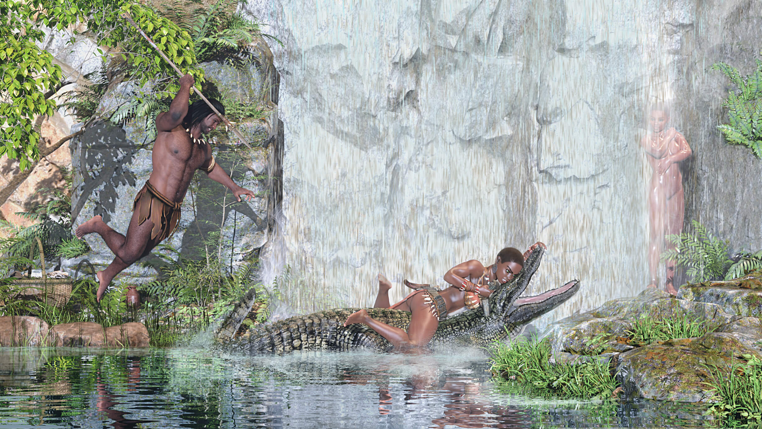 An Intruder at the Waterfall Pool Has to Go 3D Render, Digital Artwork by keener