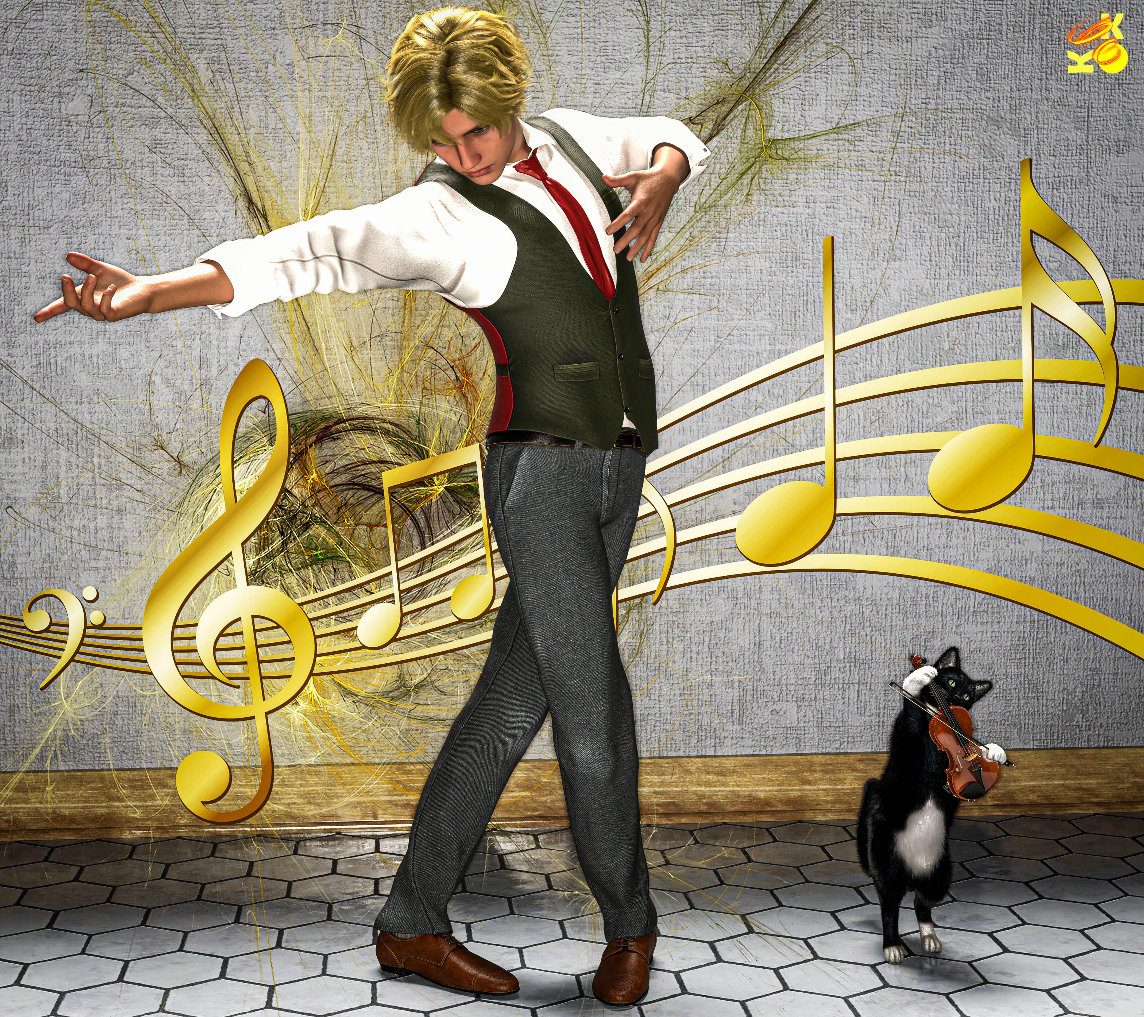 The Cat and the Fiddle 3D Render, Digital Artwork by Kev914