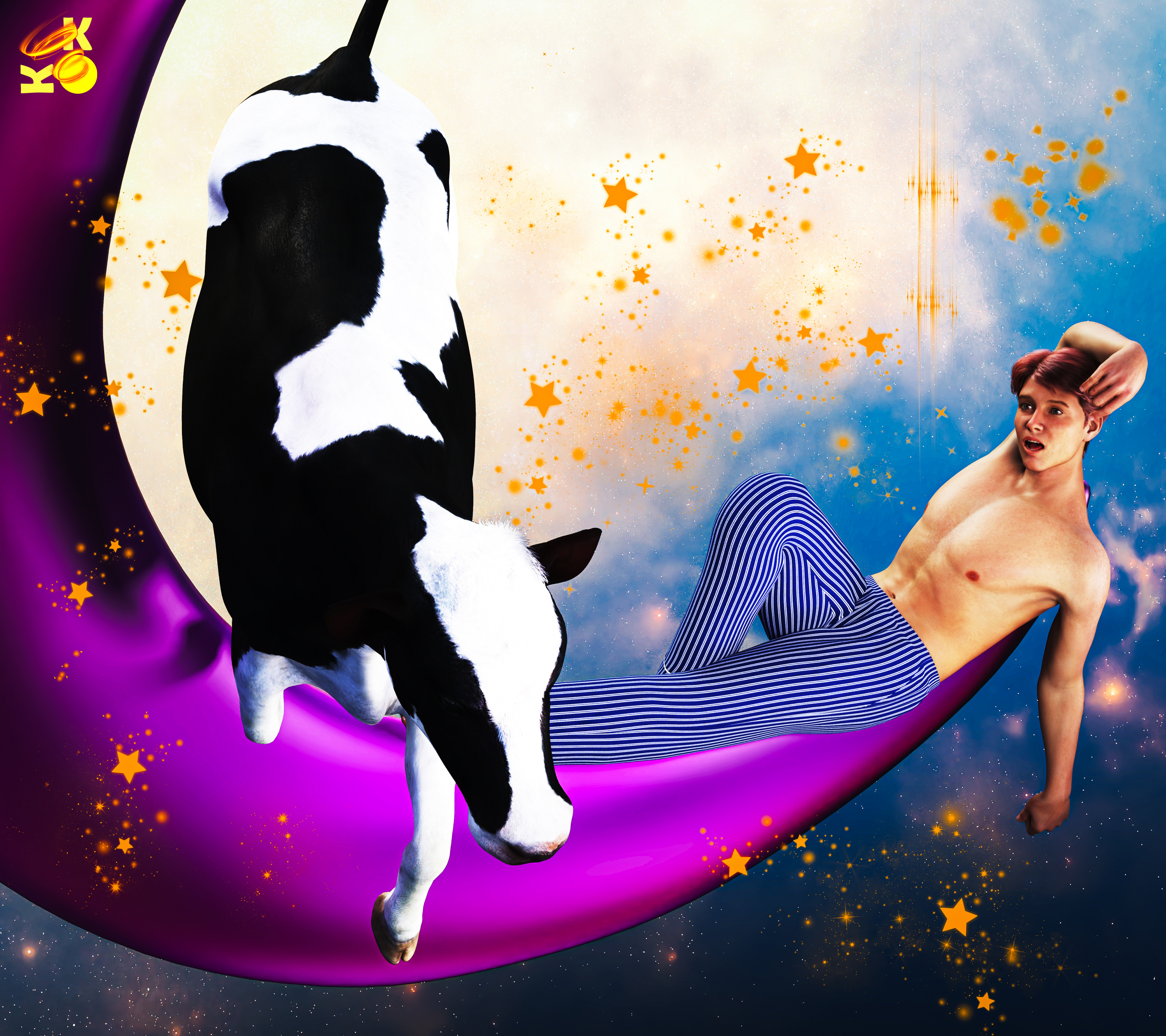 The Cow Jumped over the Moon 3D Render, Digital Artwork by Kev914
