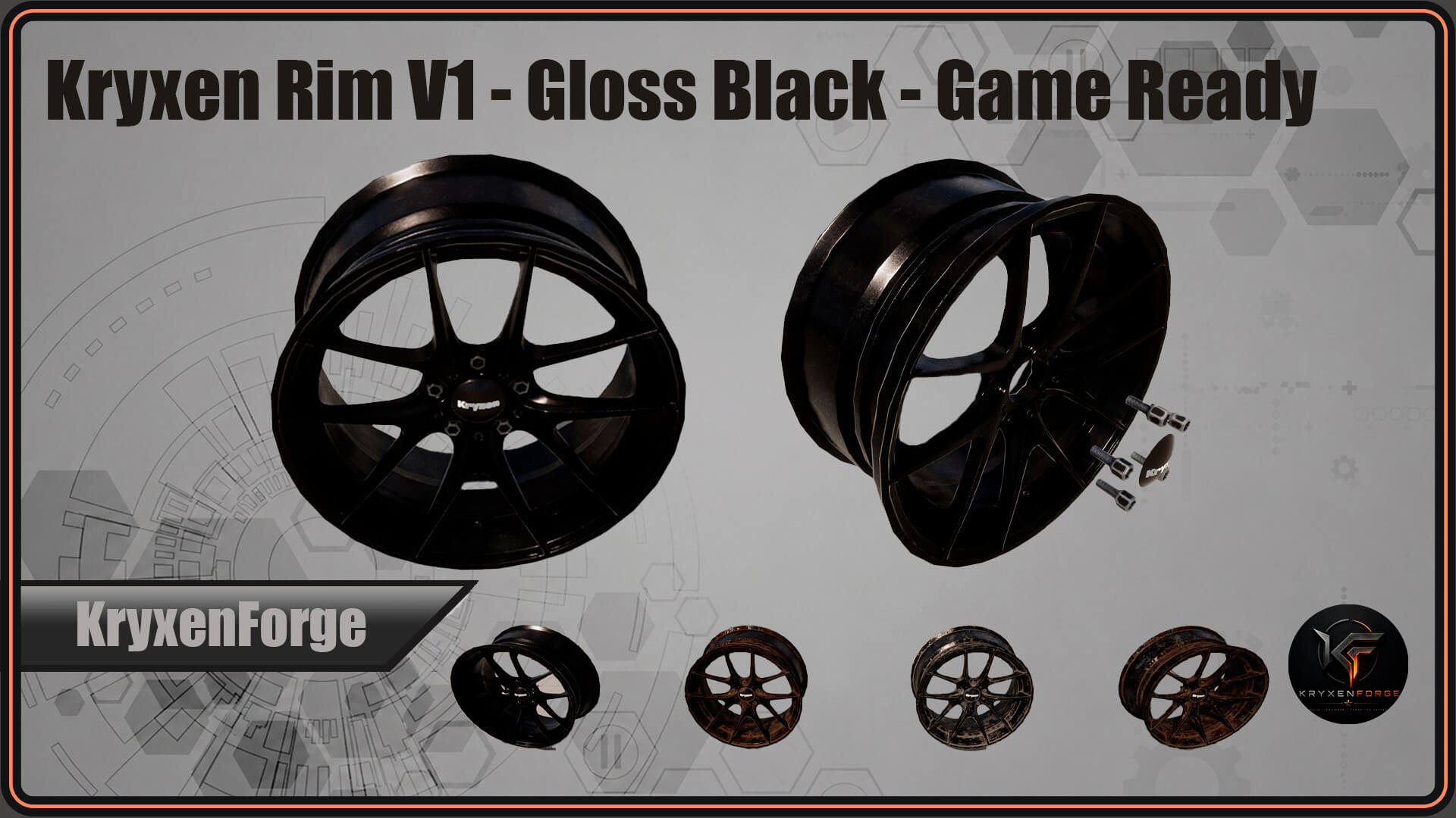 Kryxen Rim V1 - Gloss Black - Game Ready UE5 &amp Unity 3D Model