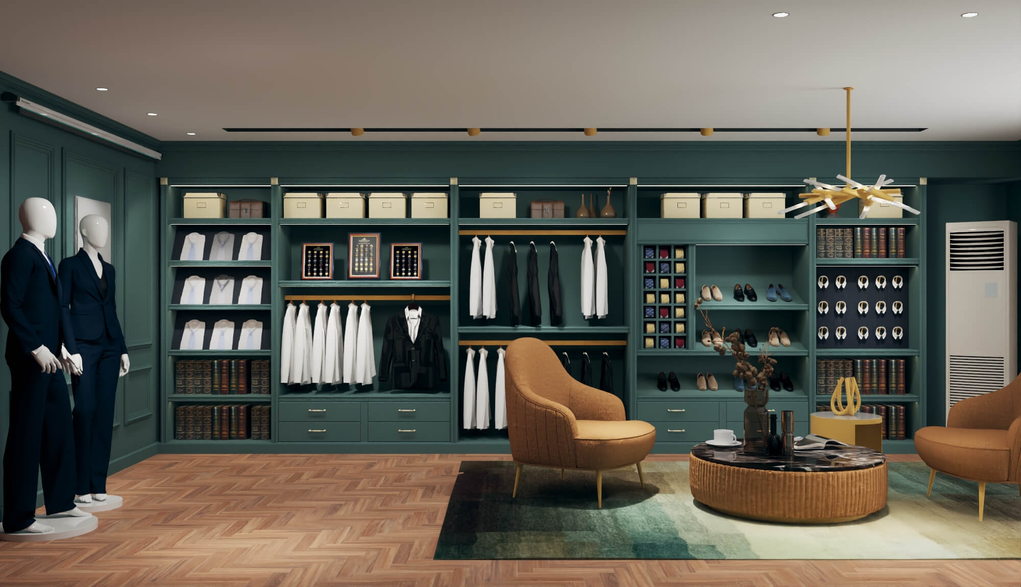 A luxury menswear boutique featuring suits and display racks 3D Model