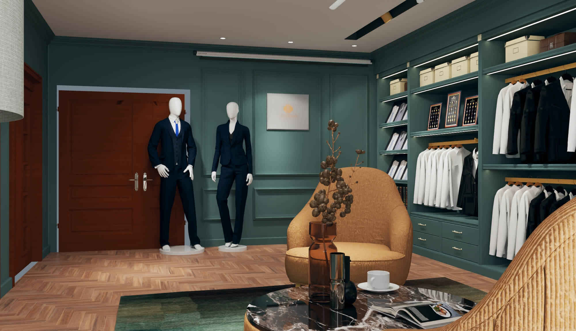 A luxury menswear boutique featuring suits and display racks 3D Model