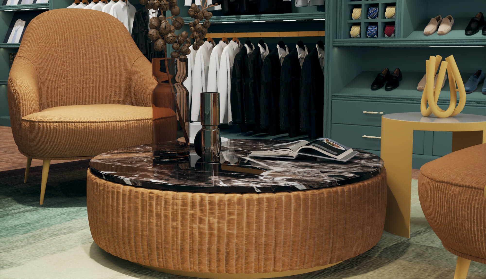 A luxury menswear boutique featuring suits and display racks 3D Model