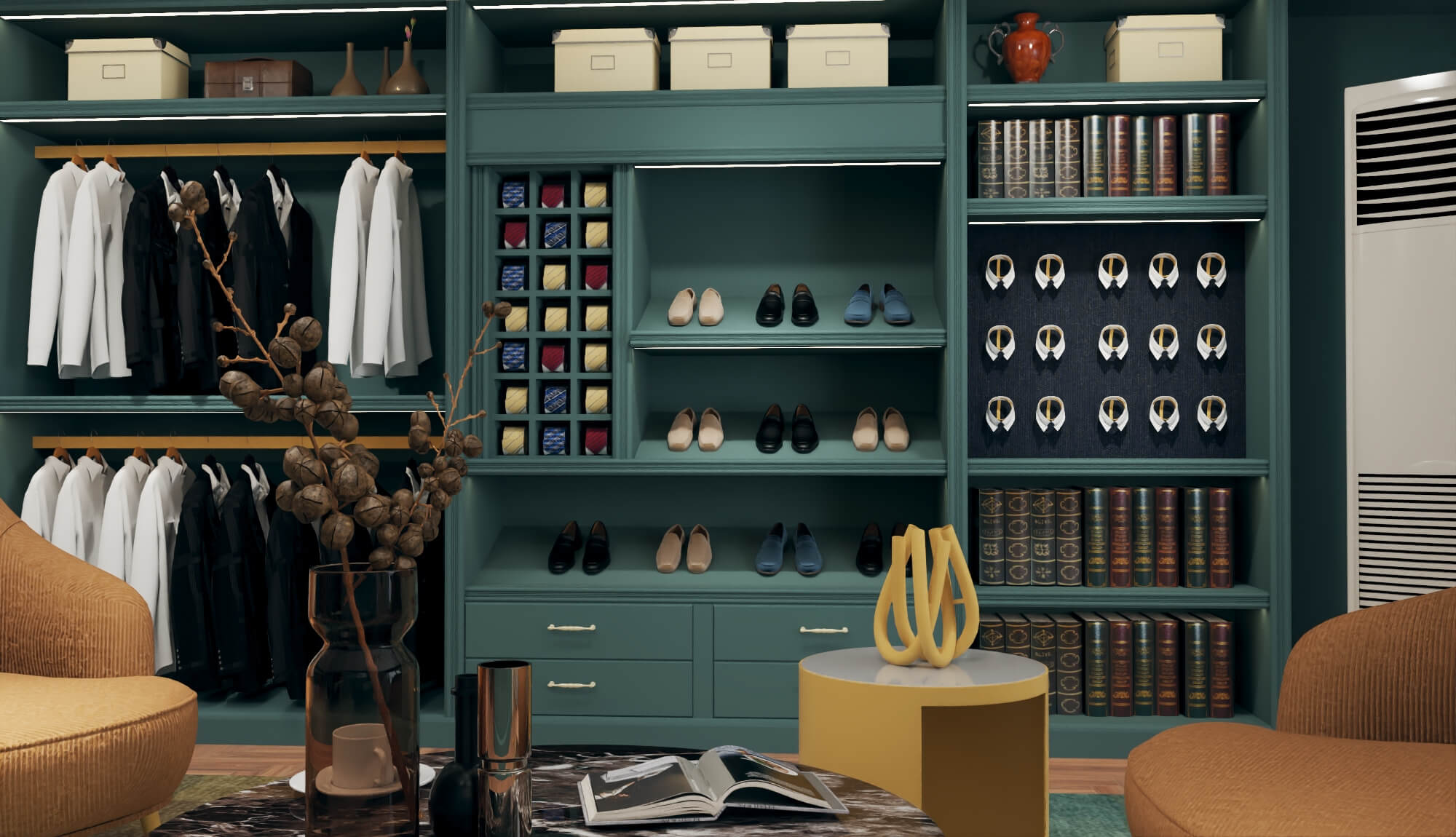 A luxury menswear boutique featuring suits and display racks 3D Model