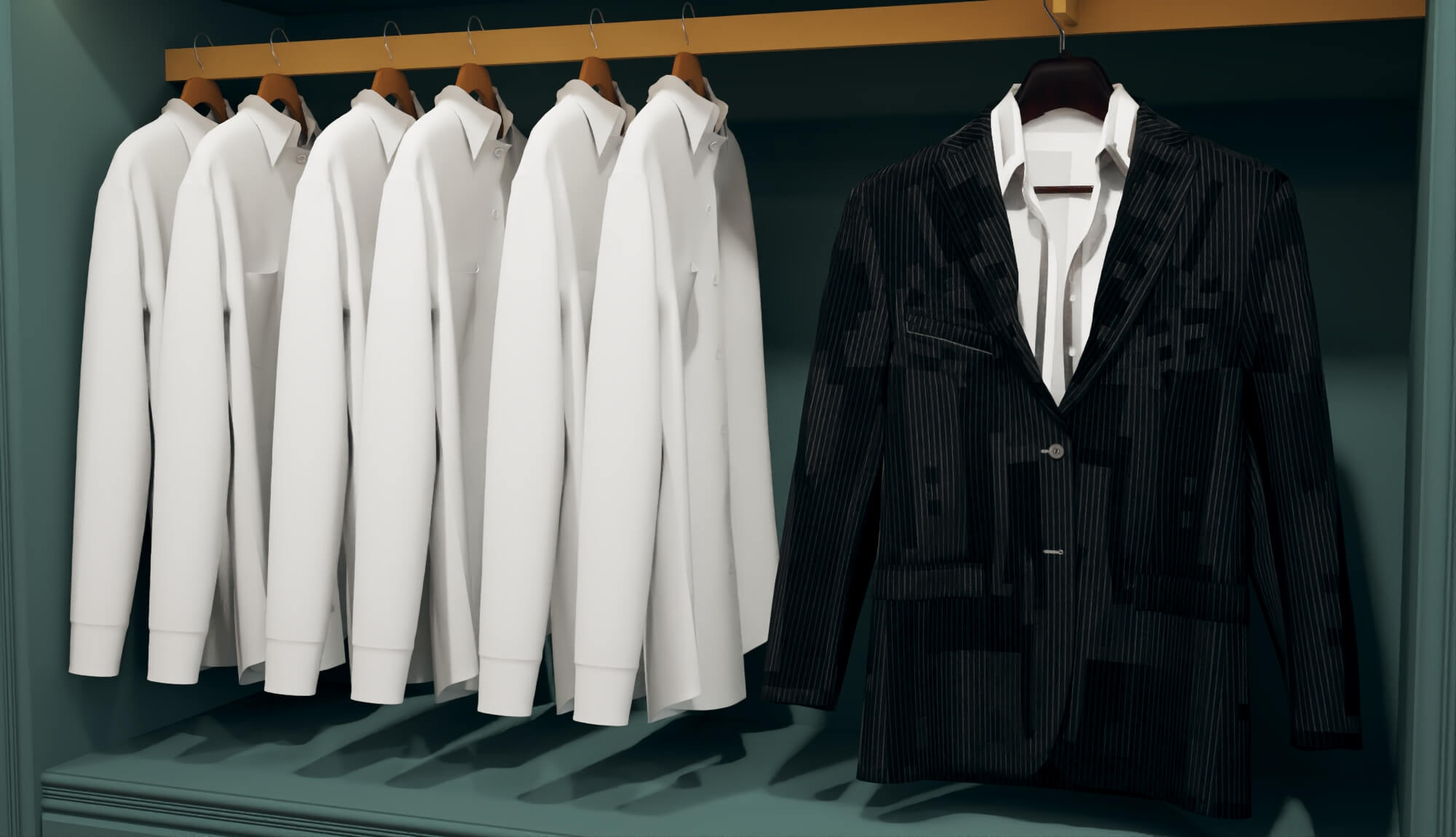 A luxury menswear boutique featuring suits and display racks 3D Model