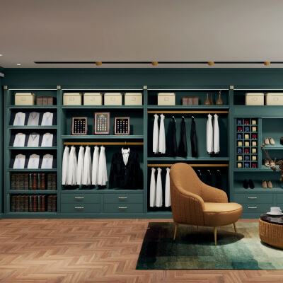 A luxury menswear boutique featuring suits and display racks
